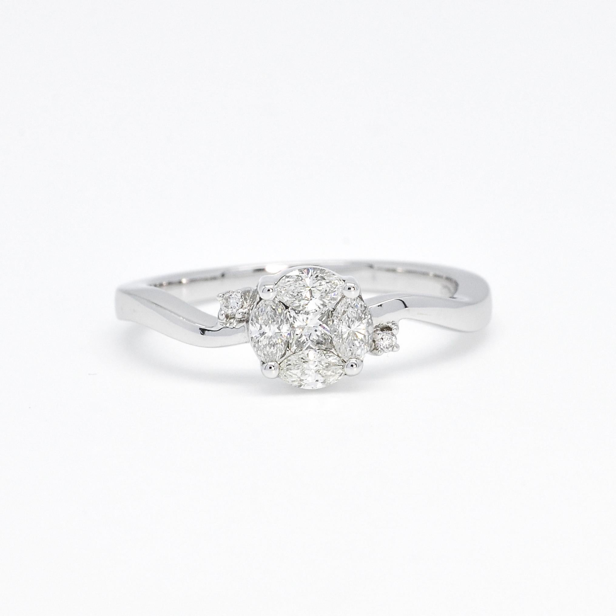For Sale:  18KT White Gold Marquise Princess Single Cluster Side Accented Diamond Ring 6