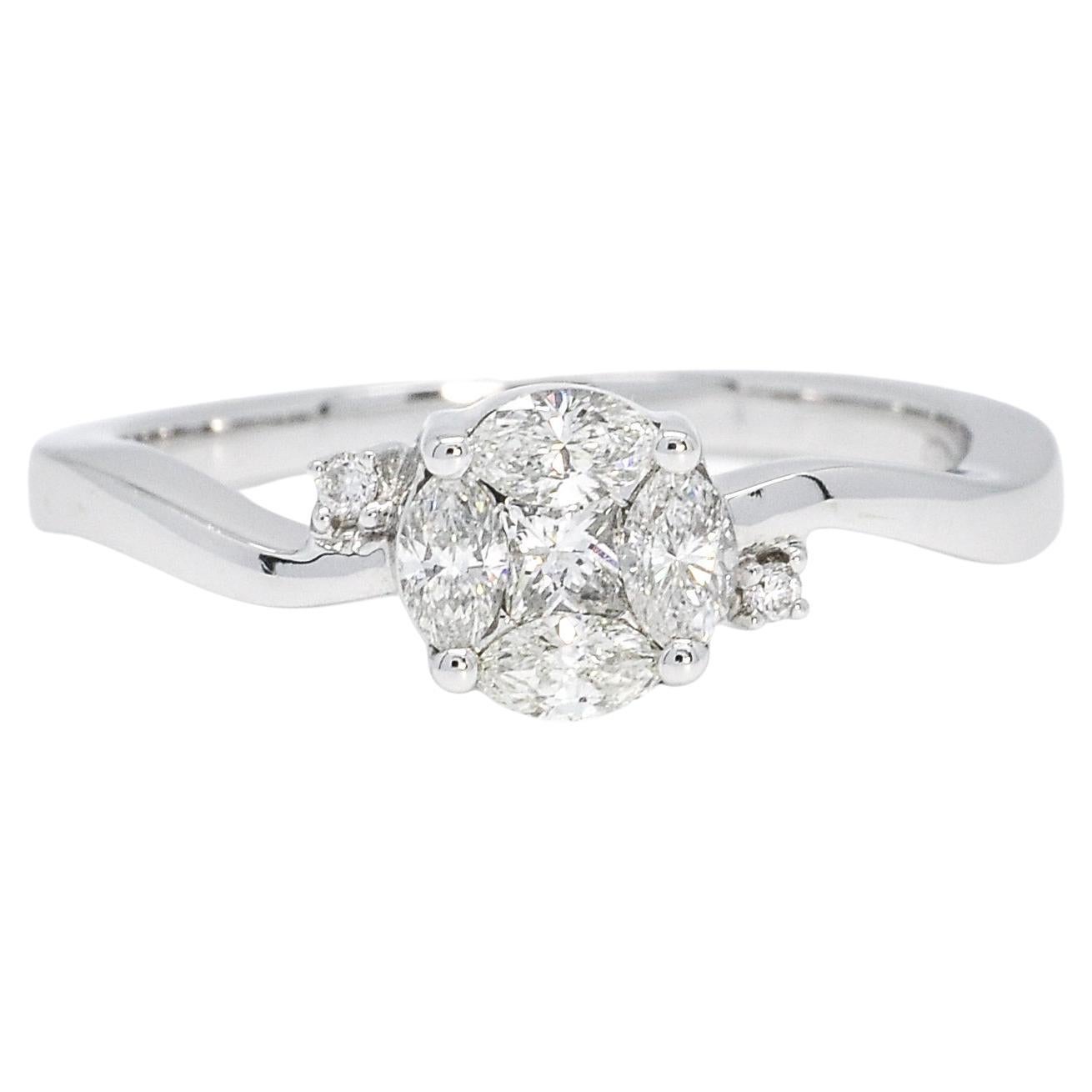 18KT White Gold Marquise Princess Single Cluster Side Accented Diamond Ring