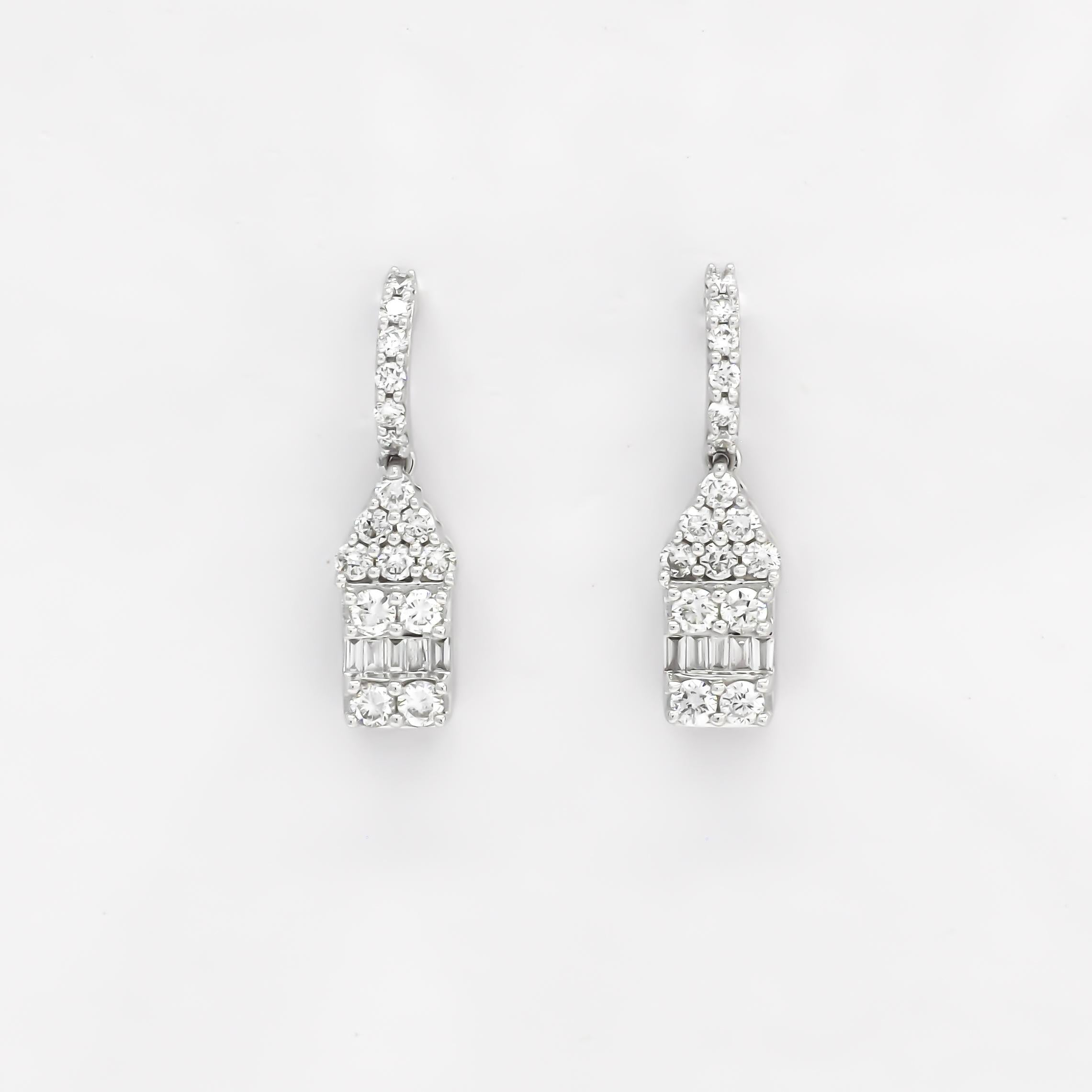 Women's 18KT White Gold Modern Geometric Baguette Round Cluster Diamond Pendant Earring  For Sale