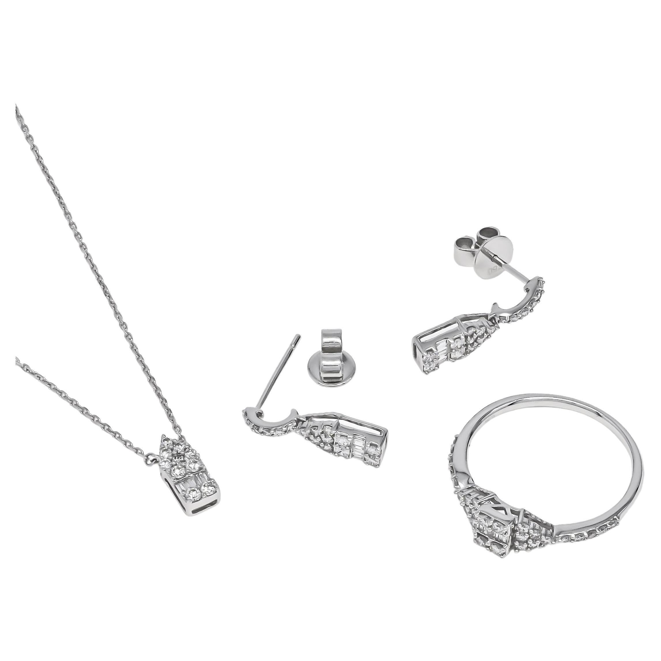 Pendants d'oreilles modernes en or blanc 18 carats avec grappe de diamants géométriques ronds et baguettes  en vente