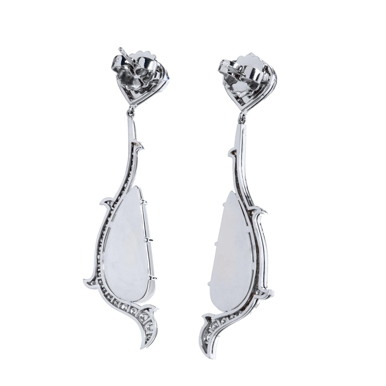 Cabochon 29.24 Carat Crescent Shaped Milky Moonstone and Diamond Drop Earrings Handmade For Sale