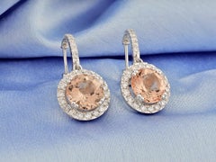 18KT White Gold Morganite and Diamond 6.38 Cts Halo Drop Earrings