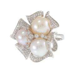 18KT White Gold Multi-Color Pearl and Diamond Floral Cluster Cocktail Ring