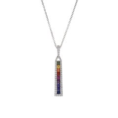 18KT White Gold Multi Color Sapphire And Diamond Bar Necklace