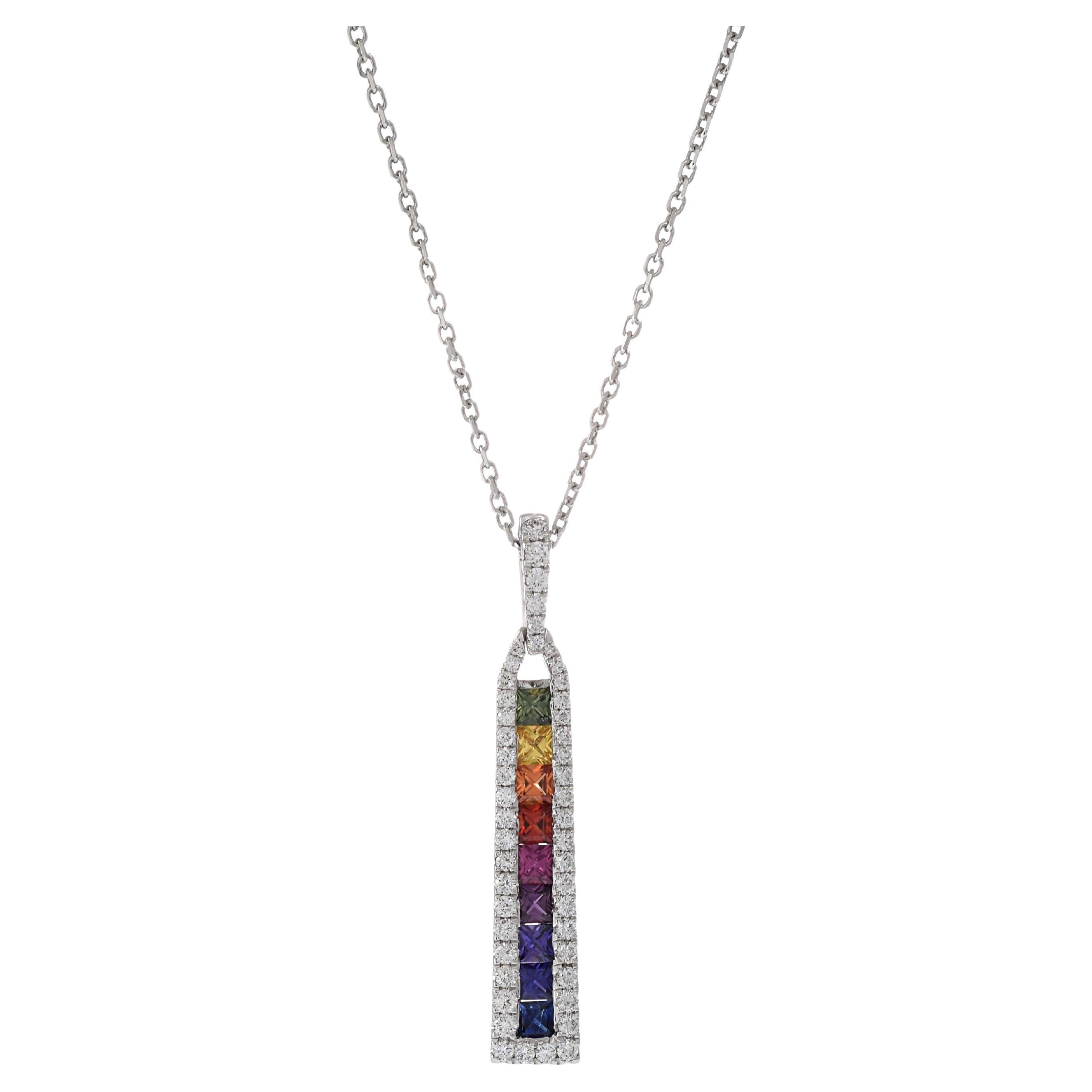 18KT White Gold Multi Color Sapphire And Diamond Bar Necklace