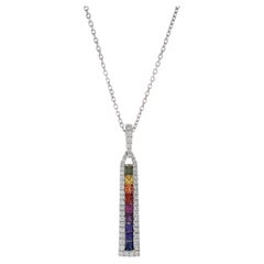 18KT White Gold Multi Color Sapphire And Diamond Bar Necklace