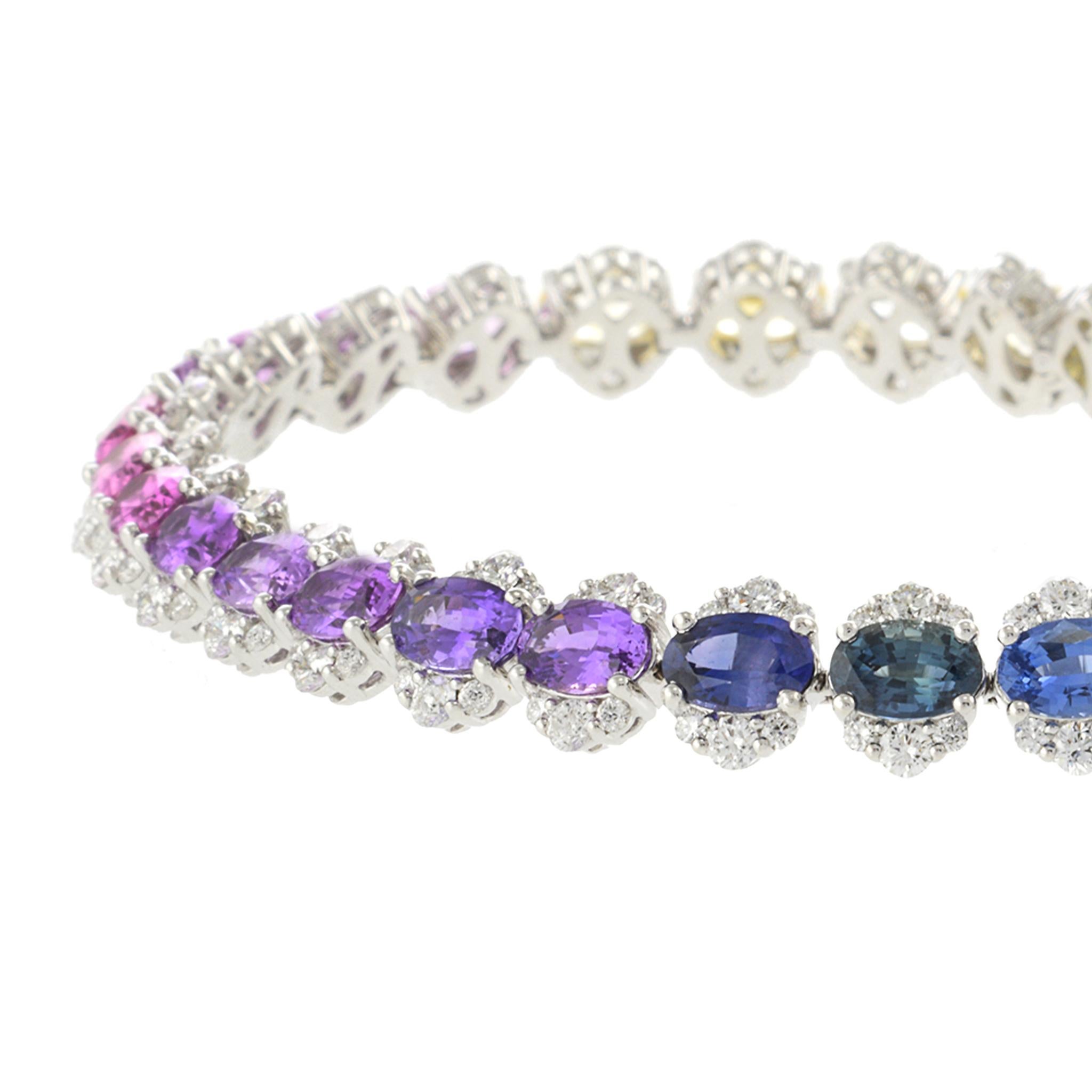 Pulsera de Oro Blanco de 18 KT Zafiro Multicolor y Diamantes Corte oval en venta