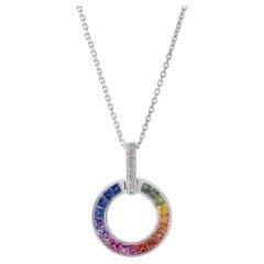 18KT White Gold Multi Color Sapphire and Diamond Circle Necklace