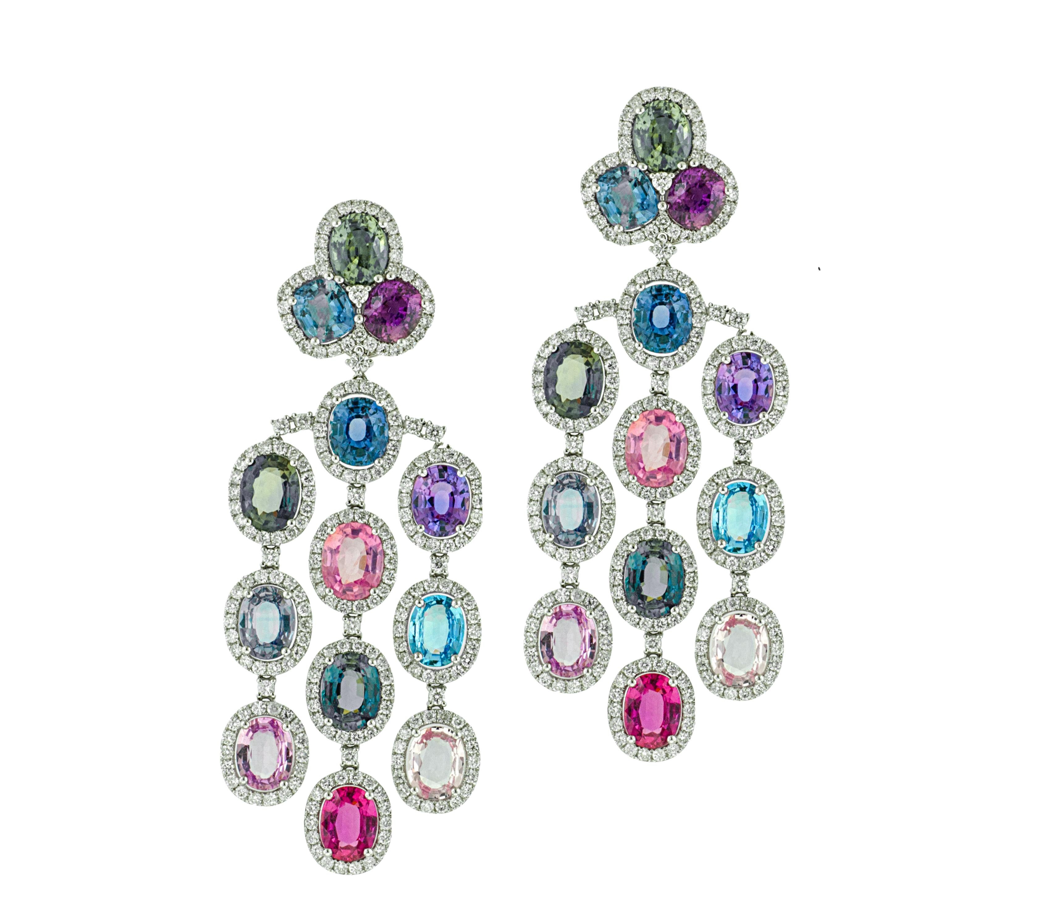 18kt white gold multi color sapphires diamonds chandelier earrings, features 63.20 multi colors sapphires and 9.20ct of round diamonds.
