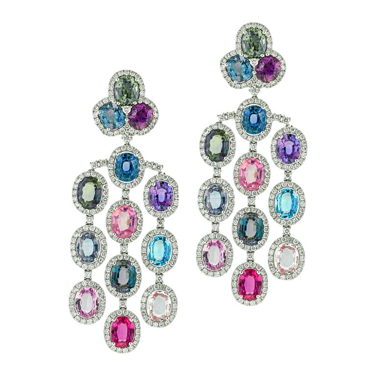 18kt White Gold Multi Color Sapphires Diamonds Chandelier Earrings For ...