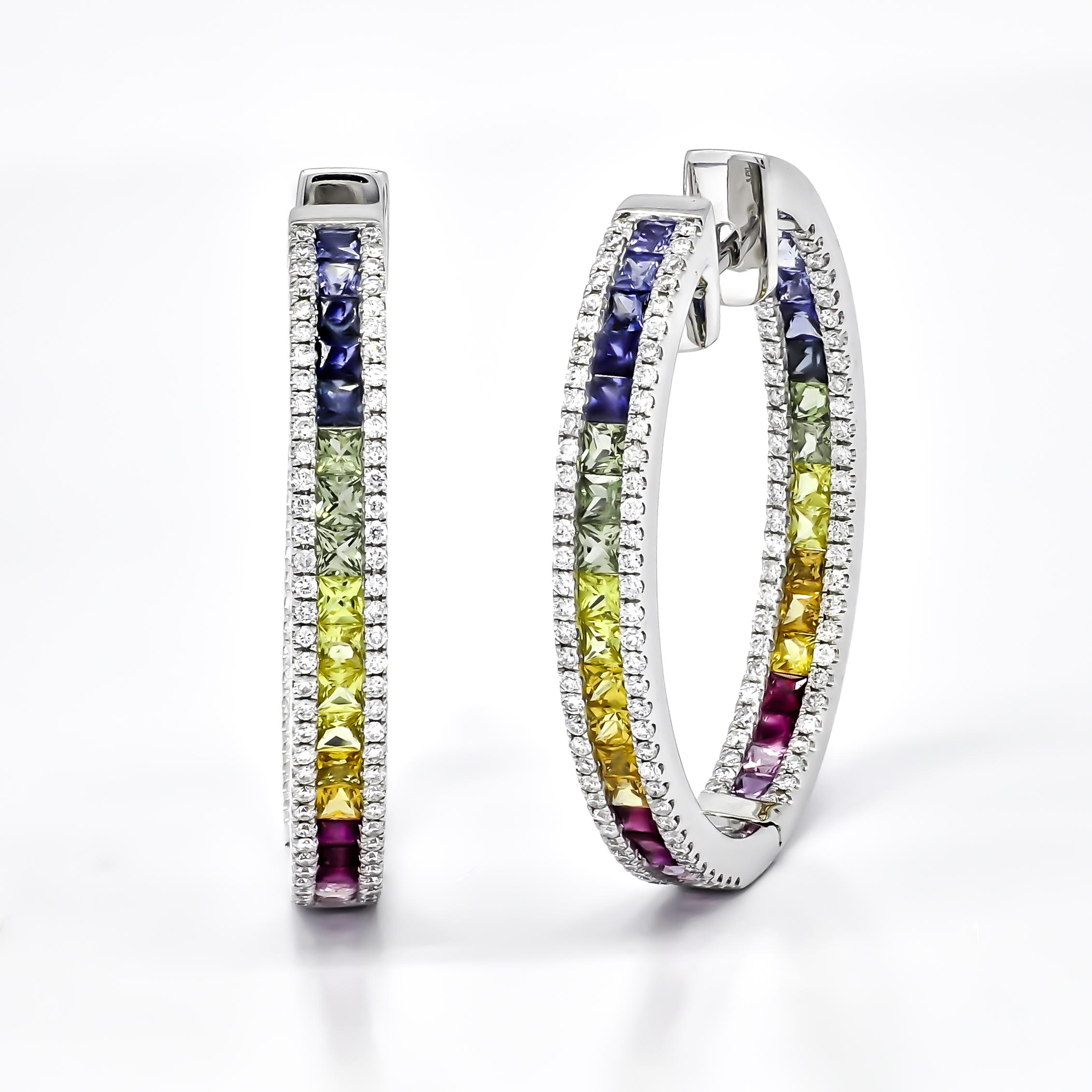 Princess Cut 18KT White Gold Princess Rainbow Sapphire Round Diamond In-Out Hoops Earrings For Sale