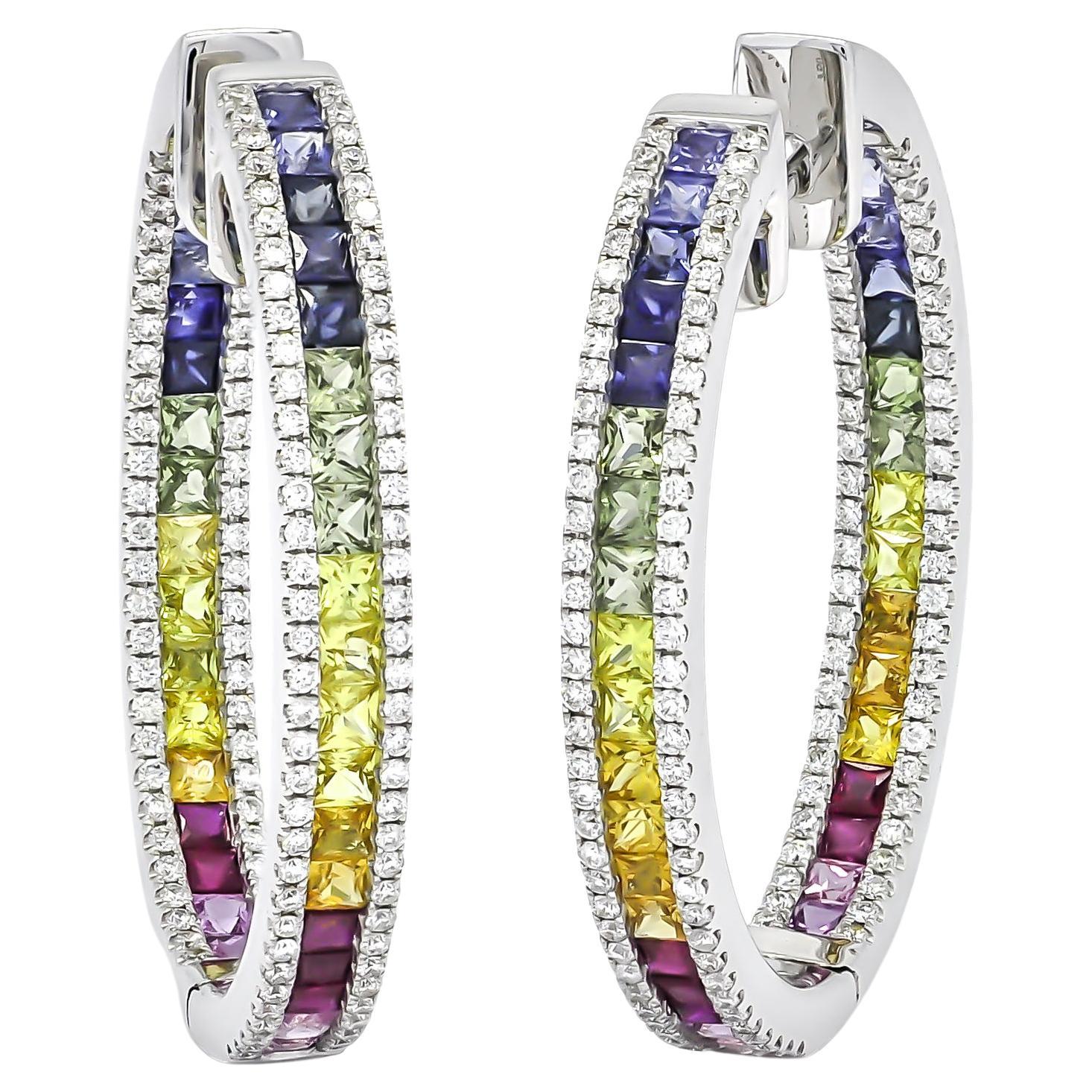 18KT White Gold Princess Rainbow Sapphire Round Diamond In-Out Hoops Earrings For Sale