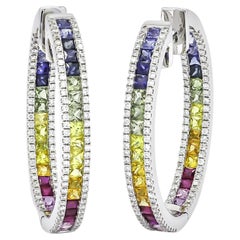 18KT White Gold Princess Rainbow Sapphire Round Diamond In-Out Hoops Earrings