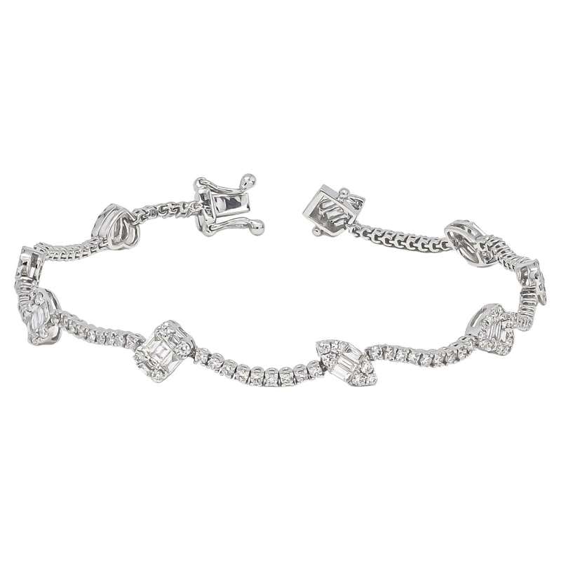 18 KT White Gold Baguette Round Multi Row Fancy Links Channel Tennis ...