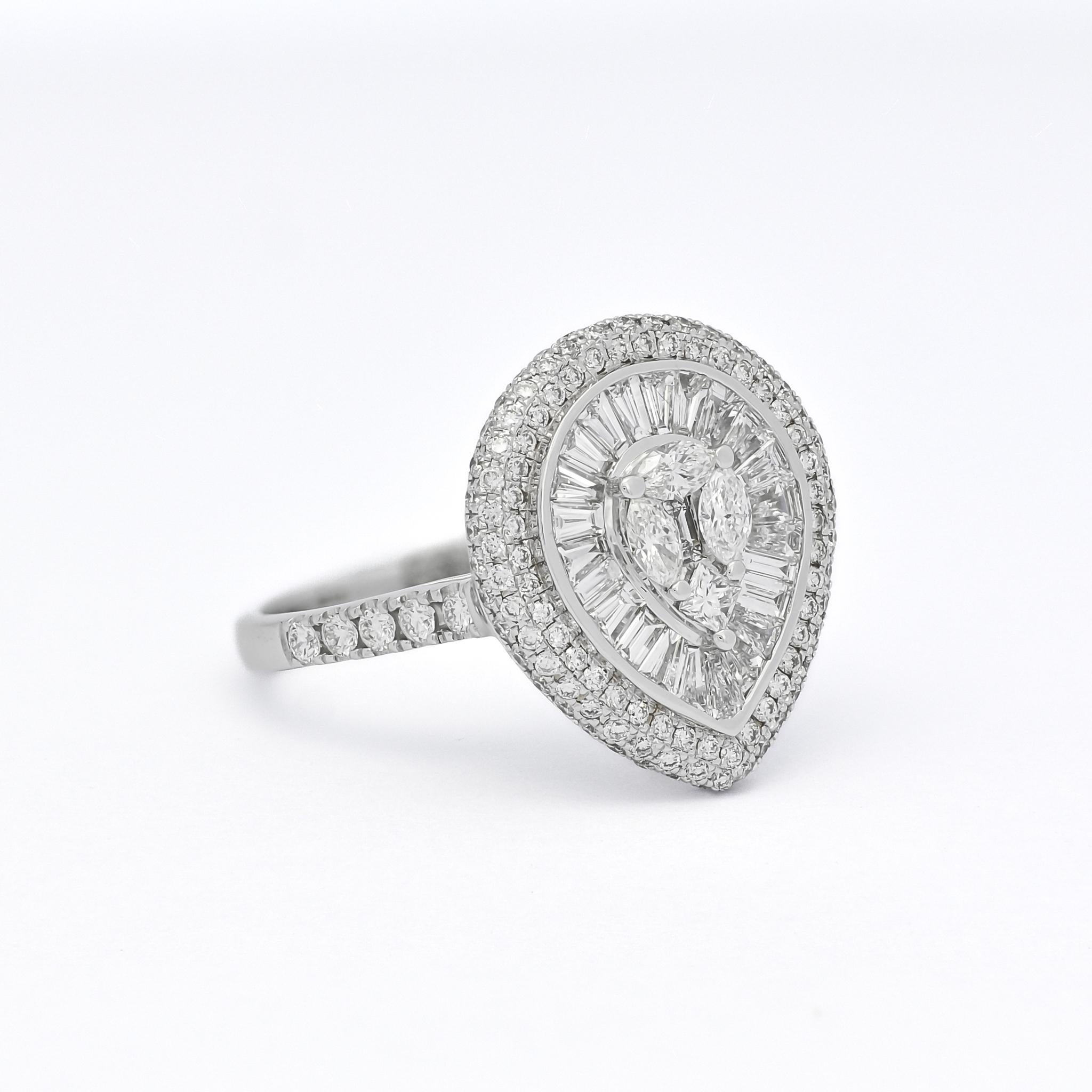 Crafted with utmost precision and attention to detail, this ring boasts a stunning marquise diamond cluster at its center, surrounded by a dazzling halo of smaller baguette and round diamonds that sparkle and shine with every movement. The