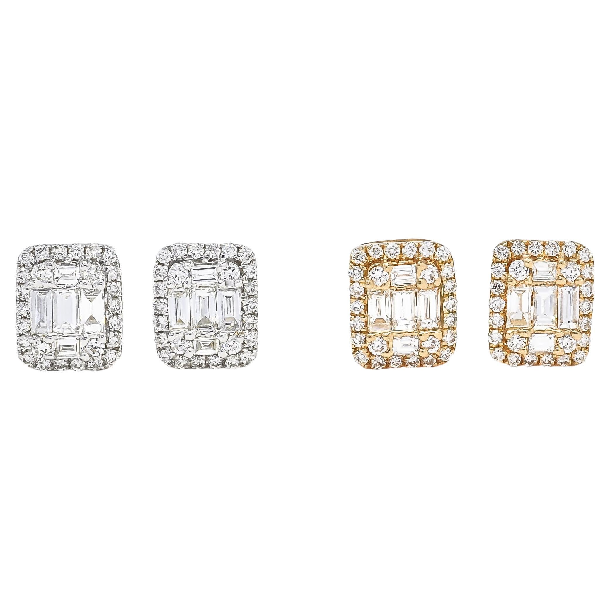 The Baguette and Round Diamond 18 KT Gold Cluster Halo Stud Earrings are the perfect accessory for any woman looking to add a touch of elegance and glamour to her evening wear or to mark a special anniversary.

These stunning earrings feature a