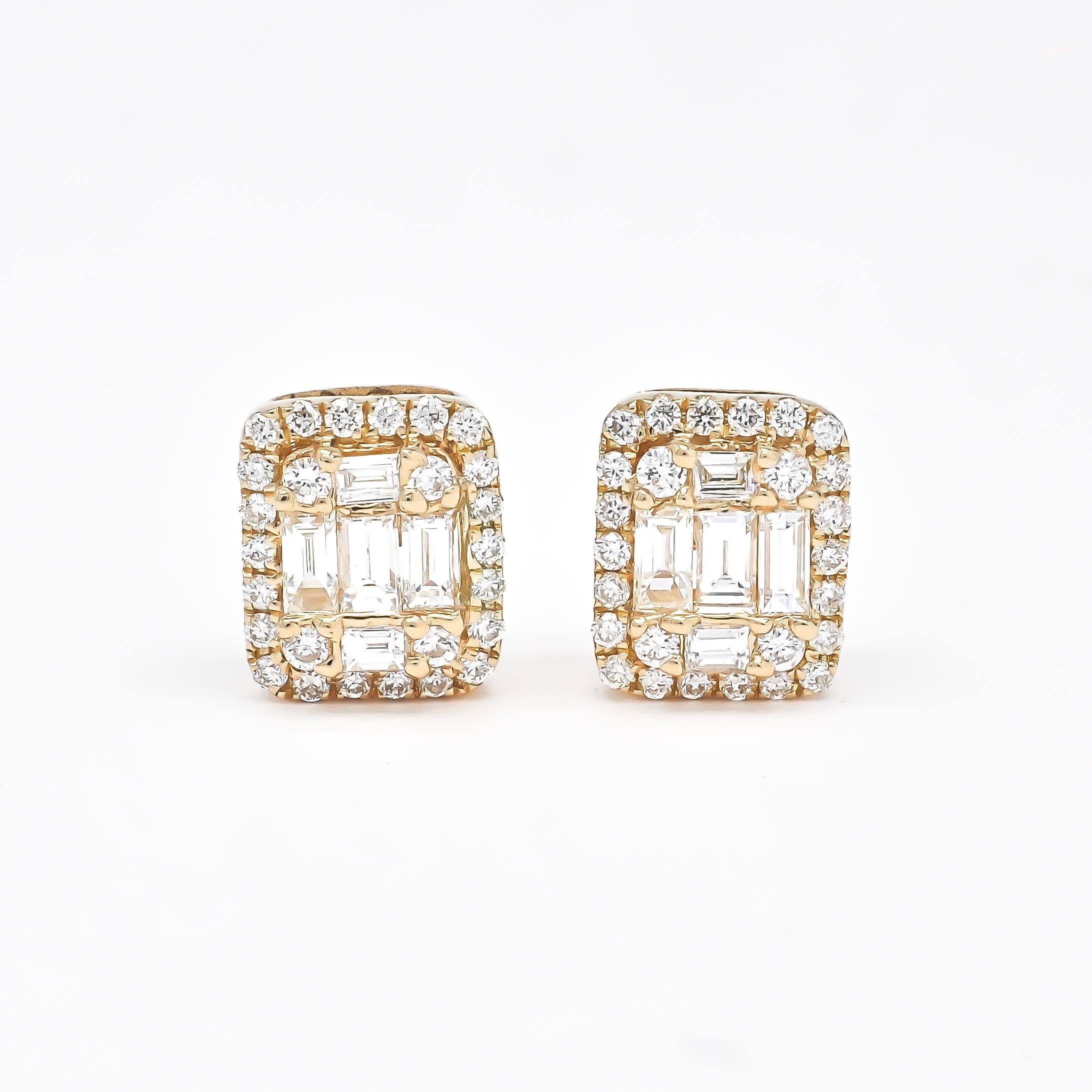 Baguette Cut 18 Karat White Gold Natural Diamond Cluster Halo Stud Earrings For Sale