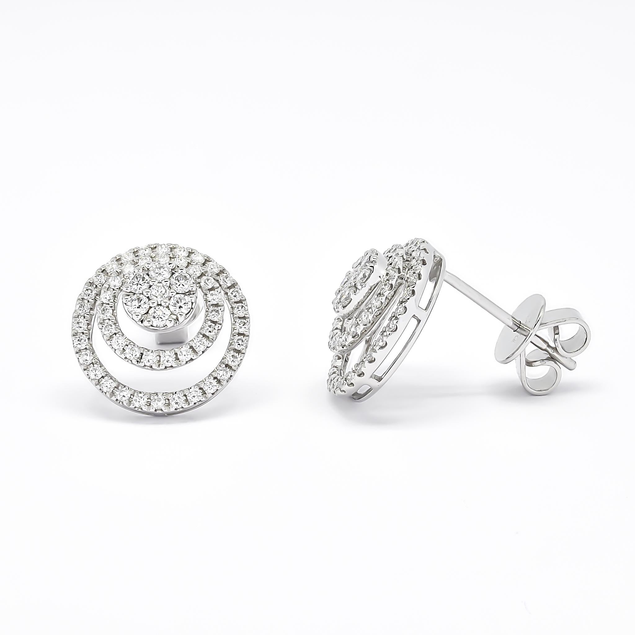 Round Cut 18 Karat White Gold Natural Diamond Flower Cluster Double Halo Stud Earrings For Sale