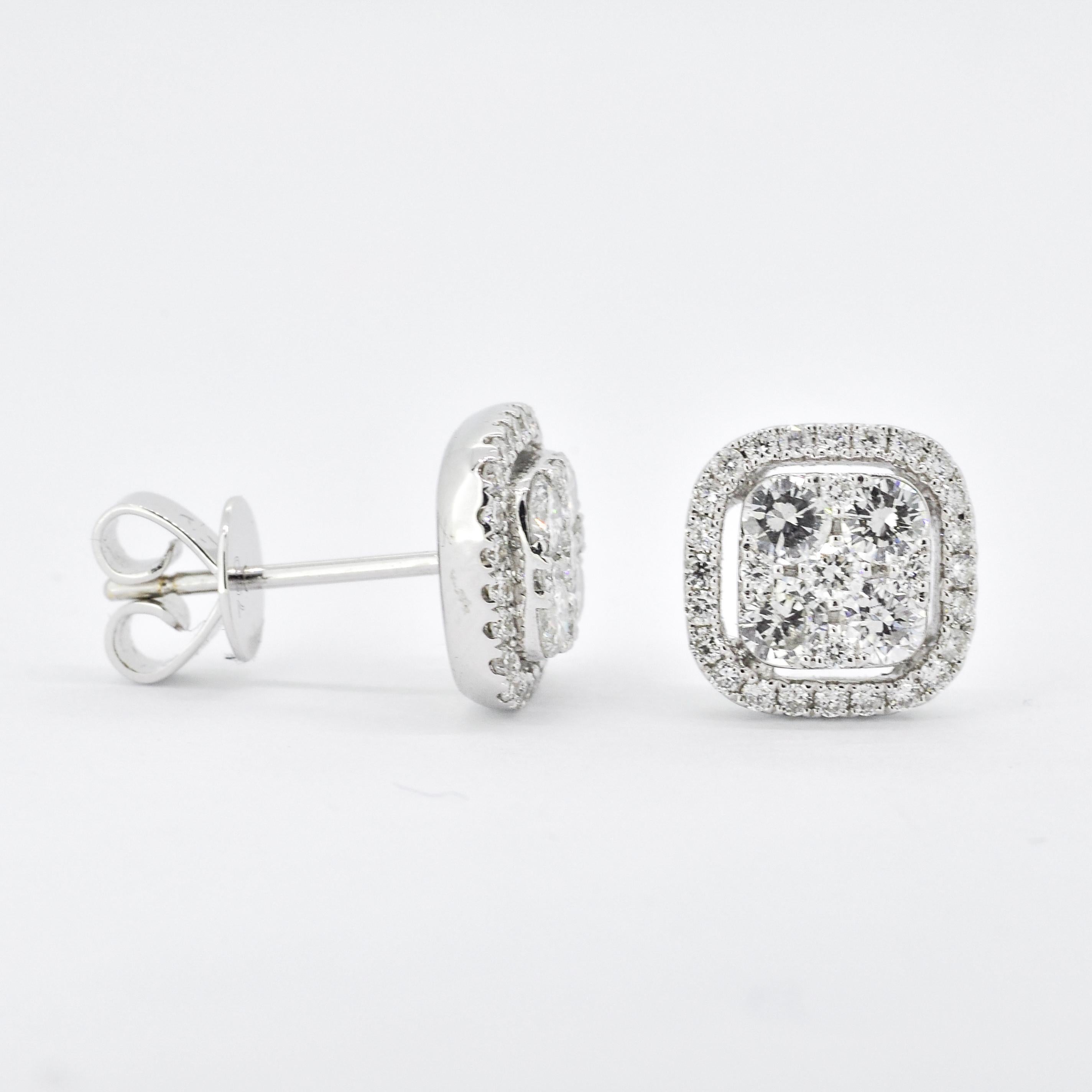 Art nouveau Clous d'oreilles en or blanc 18 carats avec diamants naturels en forme de grappe carrée E067403 en vente