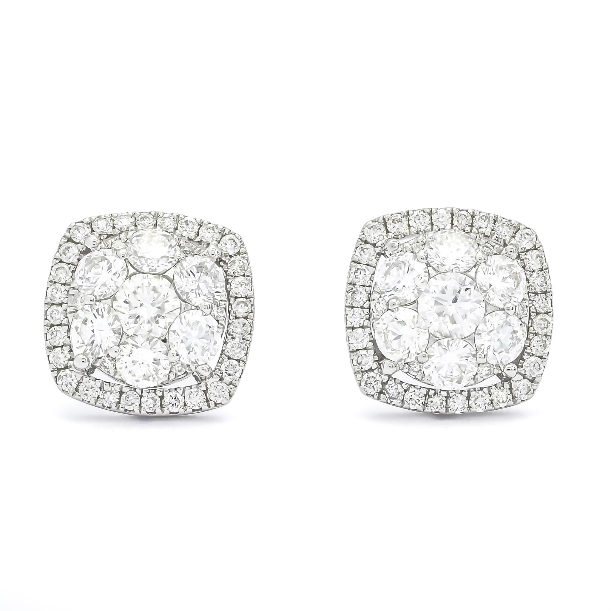 Prepare to step into a realm of sheer opulence and breathtaking beauty with our 1.69 Carat Natural Diamond 18KT White Gold Square Cluster Halo Stud Earrings. These extraordinary earrings are the epitome of timeless elegance, combining the radiance