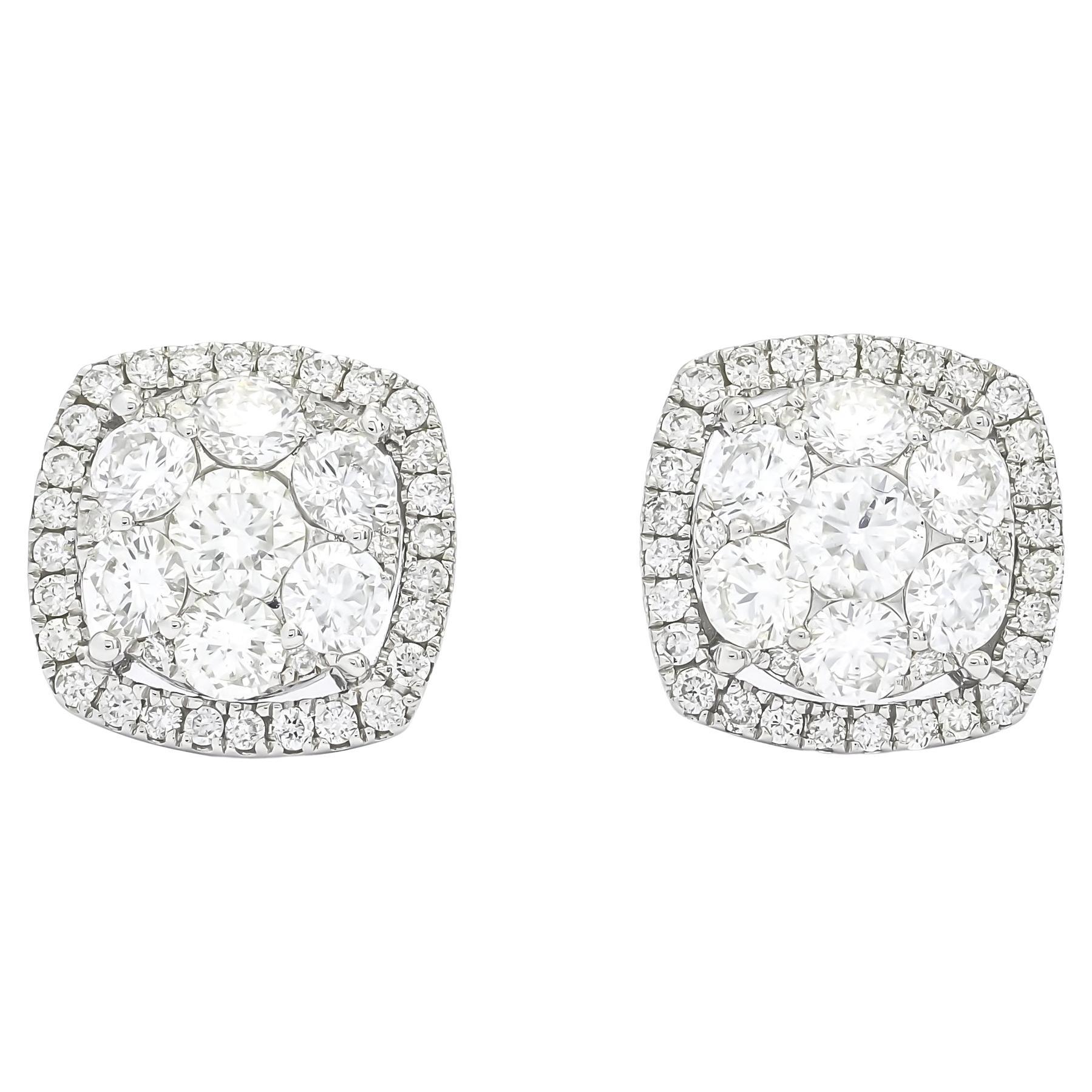 Natural Diamond 18KT White Gold Square Cluster halo  Stud Earrings E10082