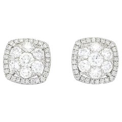 Natural Diamond 18KT White Gold Square Cluster halo  Stud Earrings E10082