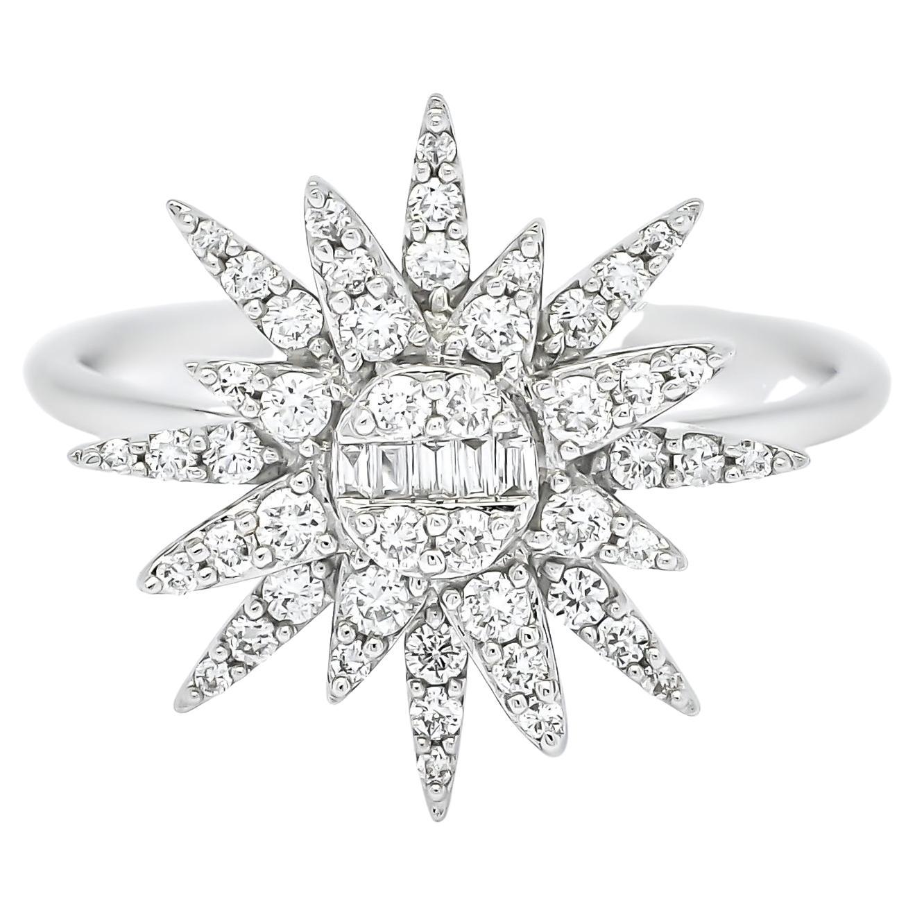 Natural Diamond 0.50 Carats 18 Karat White Gold Starburst Unique Cocktail Ring