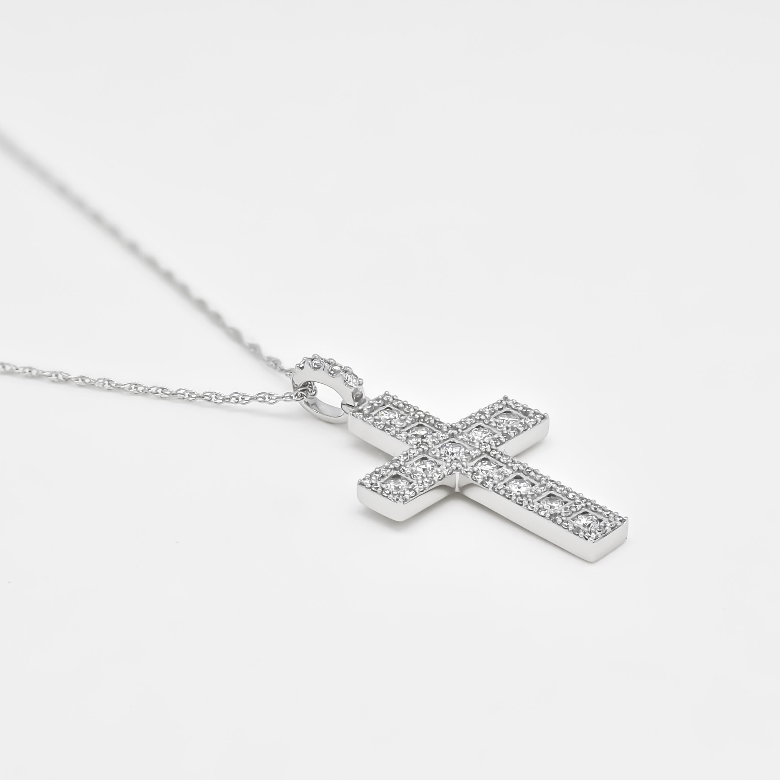Victorian 18 Karat White Gold Natural Diamond Vintage Cross Crucifix Halo Pendant P043621 For Sale