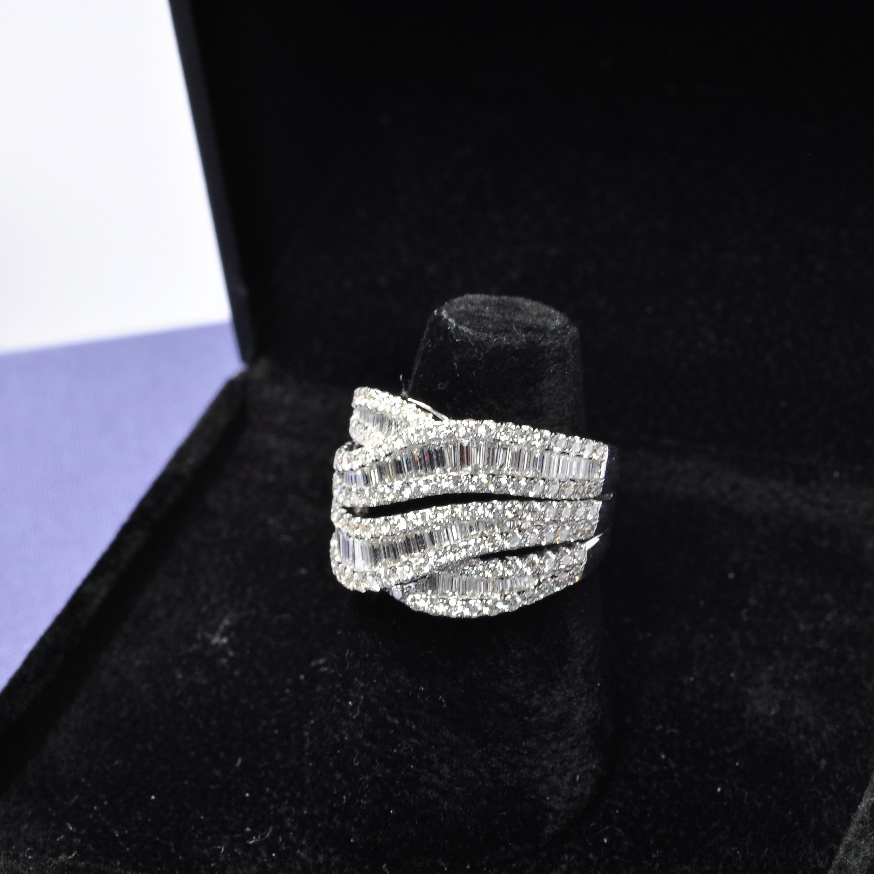 For Sale:  18KT White Gold Natural Diamonds Channel Multi Overlap Row Wide Band Ring 5