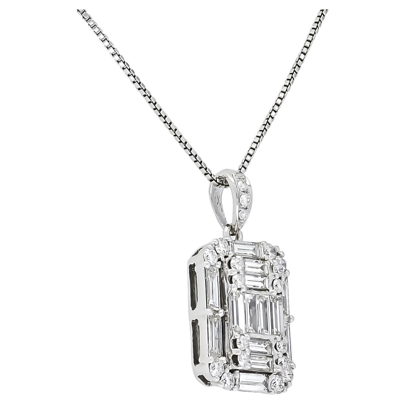 The gorgeous design features a white gold baguette round cluster that is beautifully connected with a dainty chain, making this pendant sure to lift your outfit and catch the attention of all your friends.


Metal: 18kt White Gold
Weight: 5.15