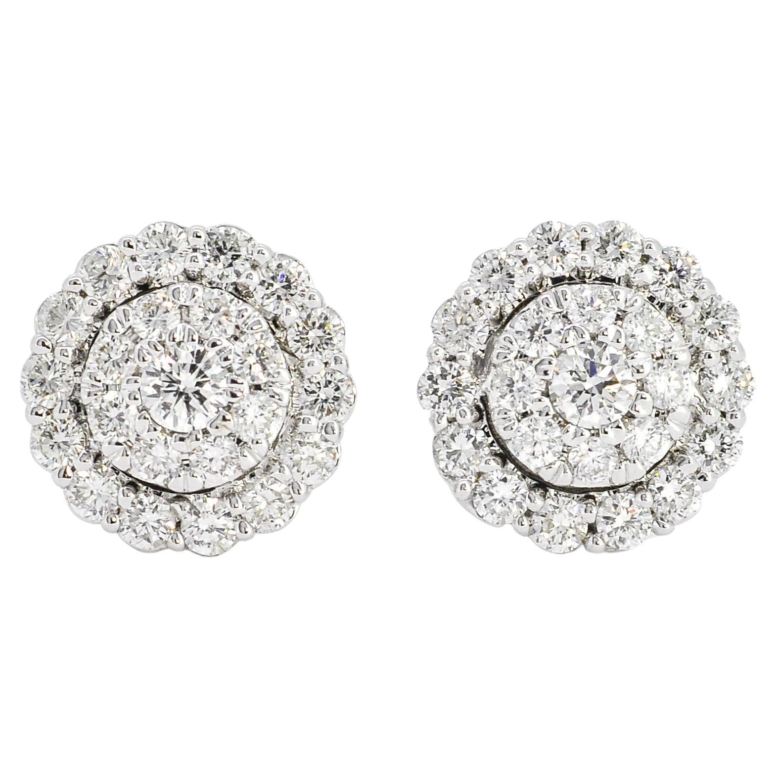 18 Karat White Gold Natural Diamonds Double Halo Classic Stud Earrings For Sale