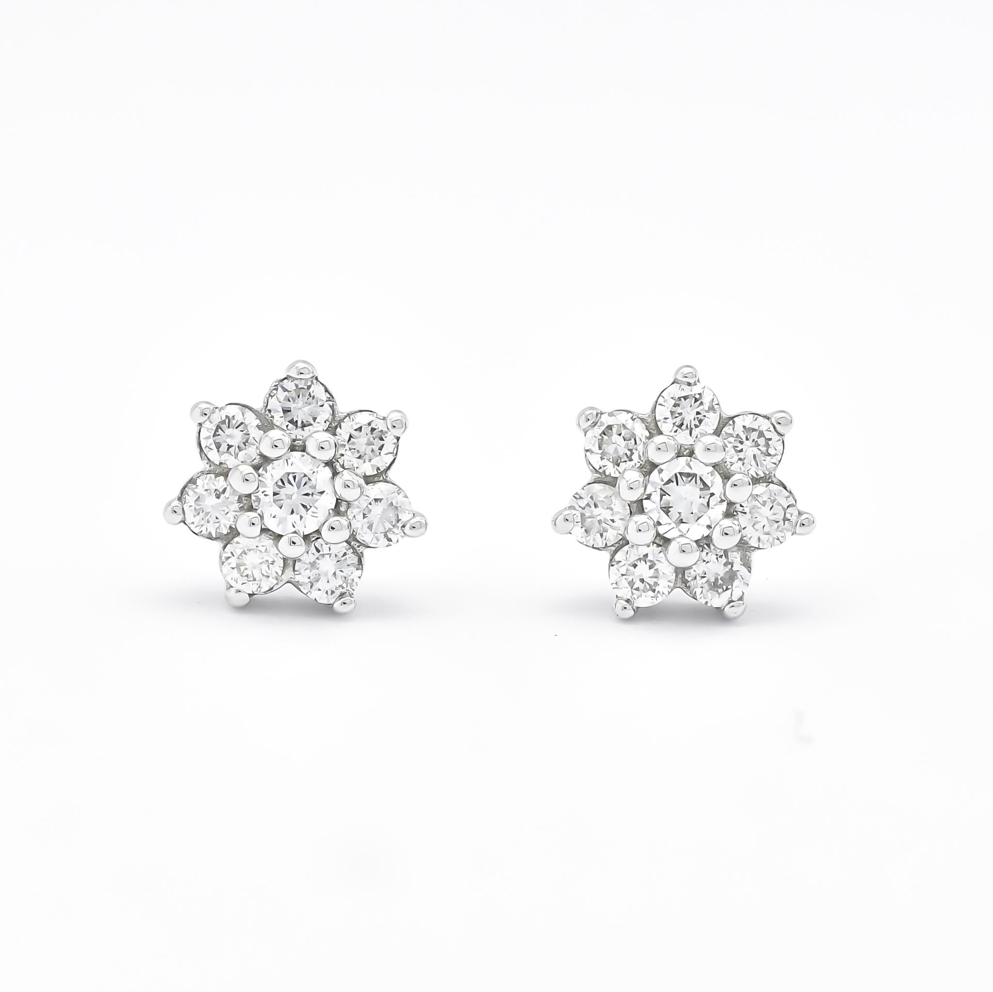 Art Nouveau Natural Diamonds & 18KT White Gold Round Brilliant Floral Prong-Set Stud Earring For Sale