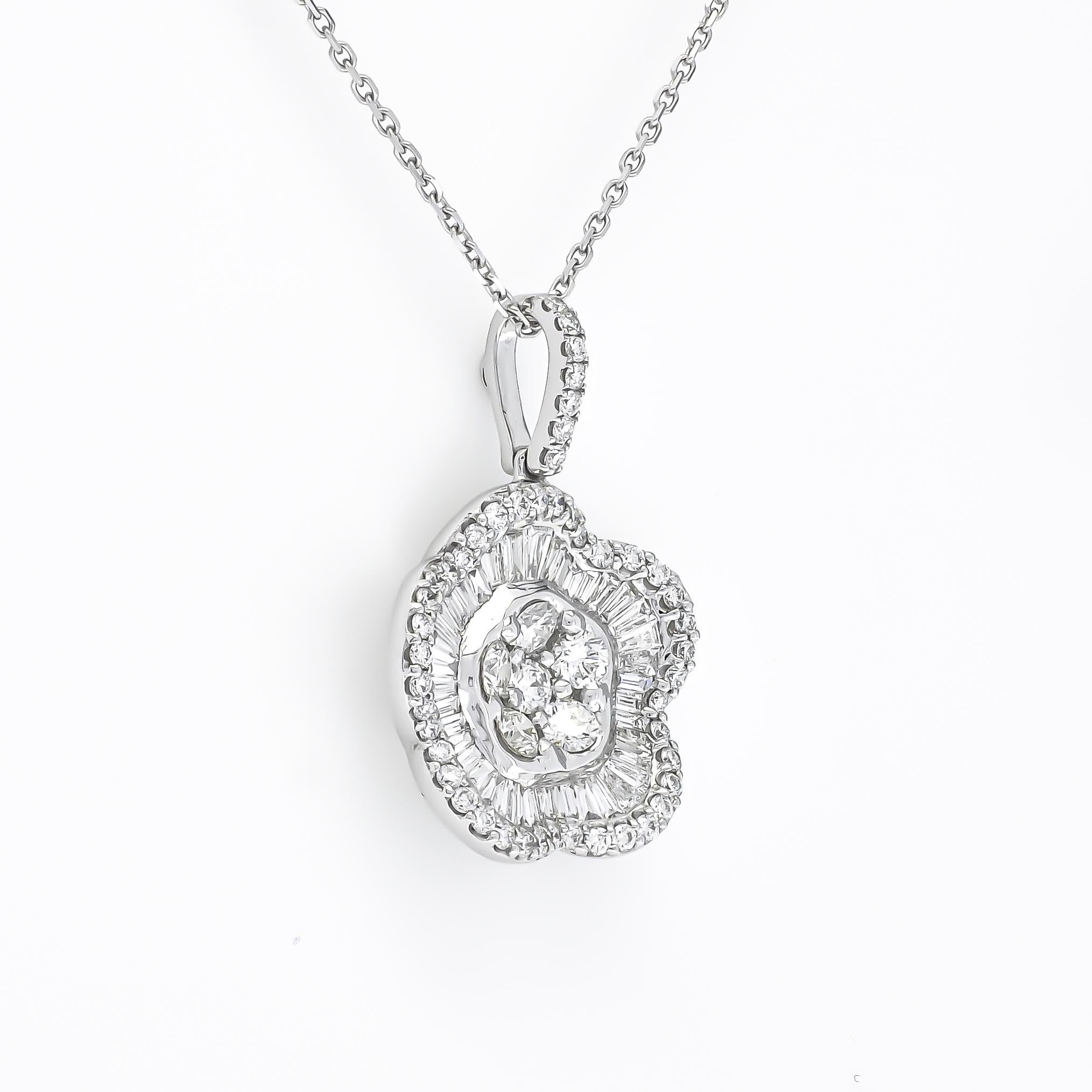 A simple flower pendant necklace is elevated with gorgeous diamonds, set miracle star burst baguette diamond with pave set round diamonds halo for extra shine.


Metal: 18kt White Gold
Gemstone: Natural Diamond
Shape: Round Brilliant/Baguette
Total