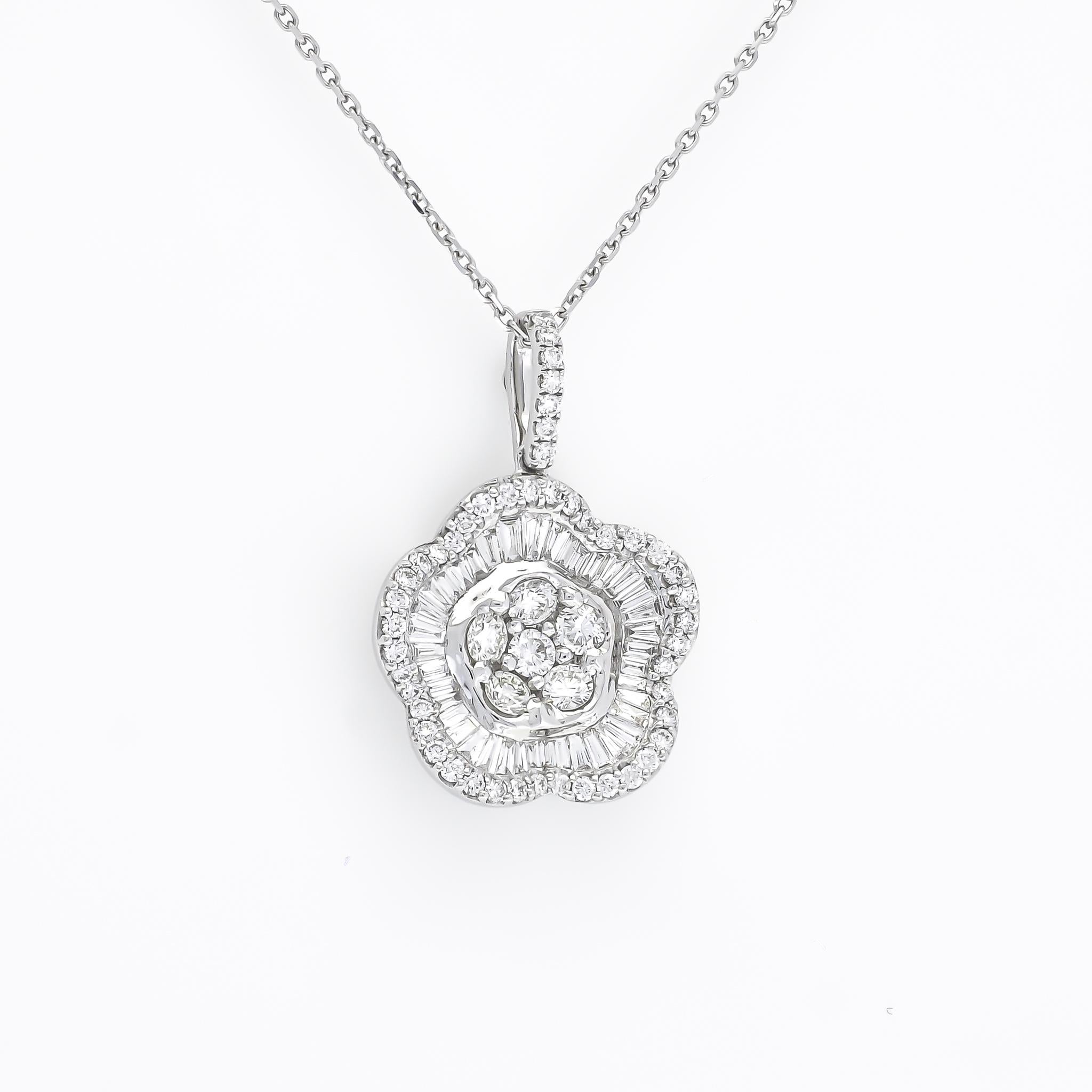 18KT White Gold Natural Diamonds Modern Flower Halo Pendant Necklace For Sale 1