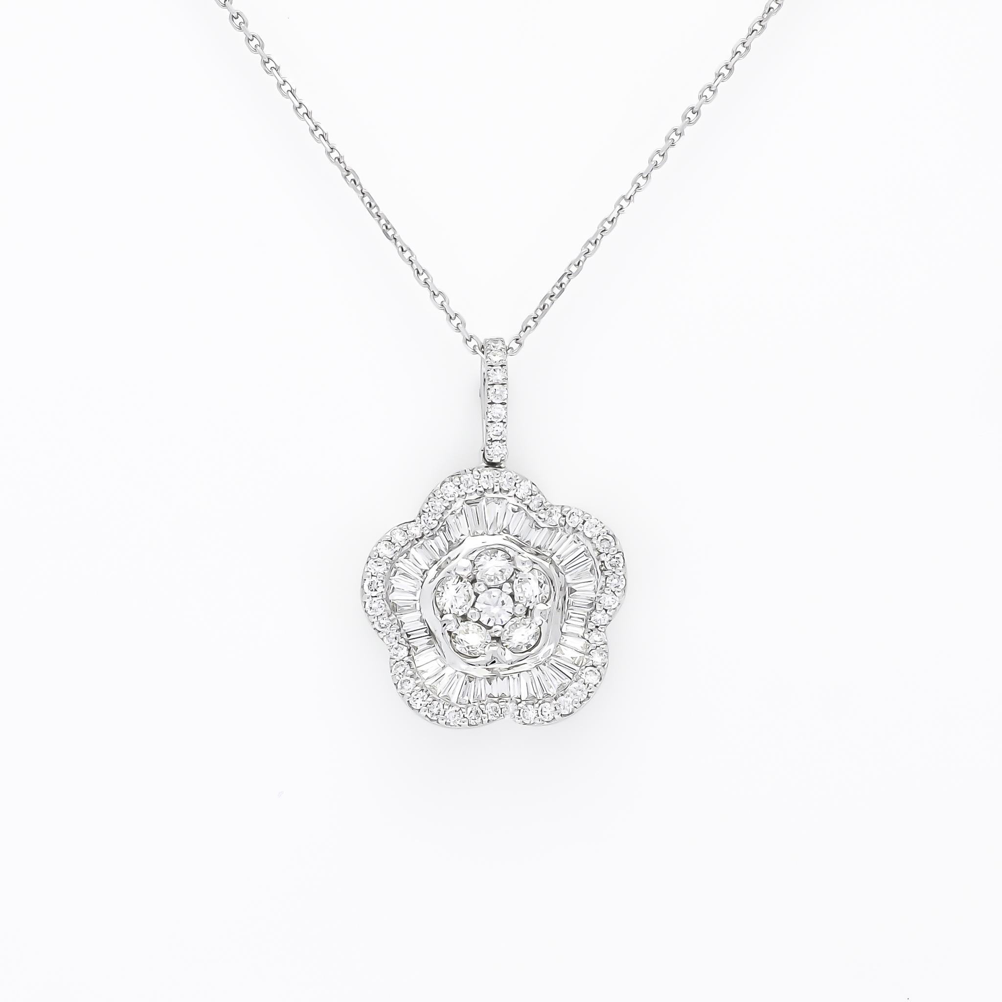 18KT White Gold Natural Diamonds Modern Flower Halo Pendant Necklace For Sale 2