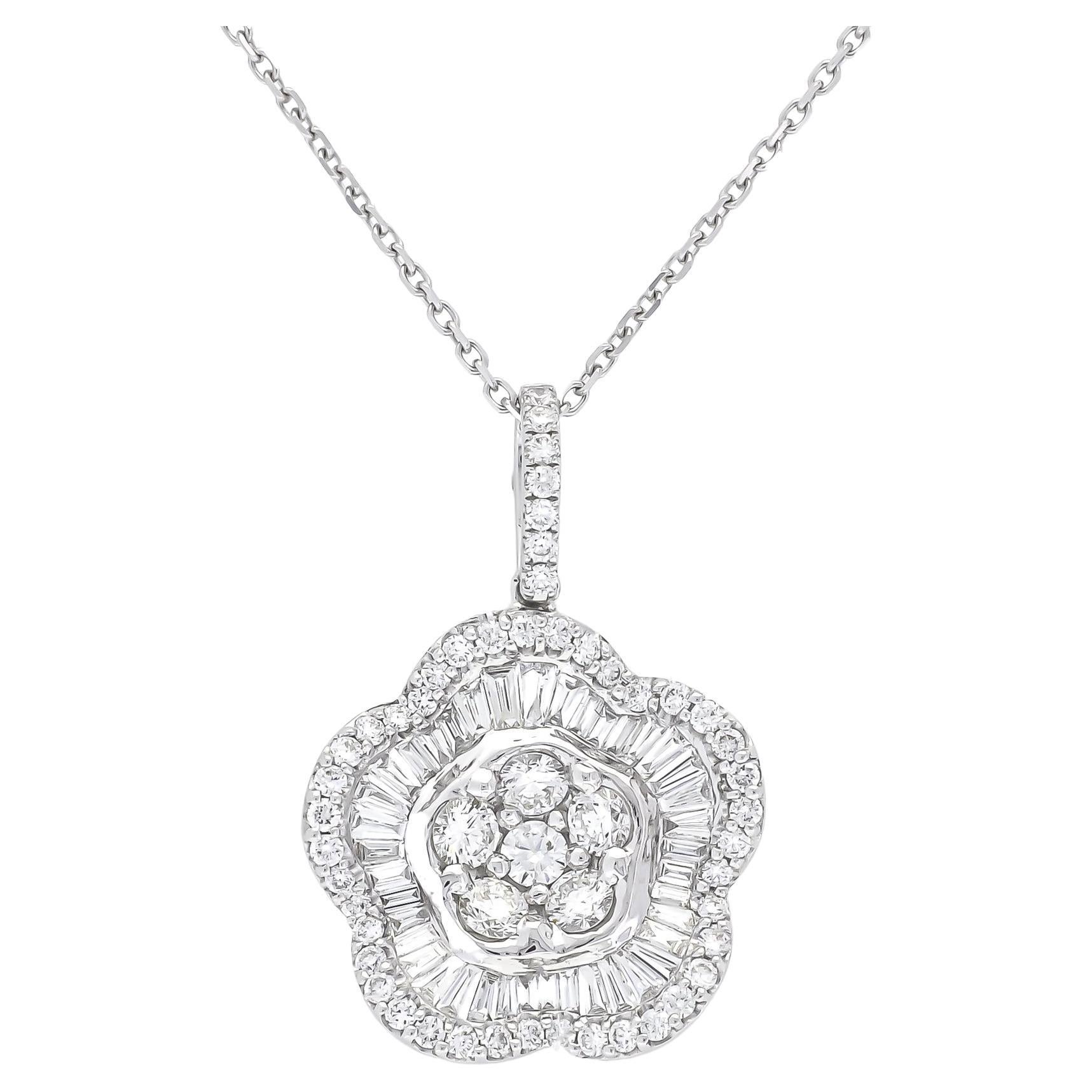 18KT White Gold Natural Diamonds Modern Flower Halo Pendant Necklace