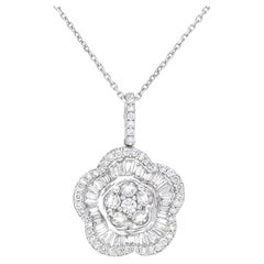18KT White Gold Natural Diamonds Modern Flower Halo Pendant Necklace