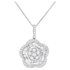 Collier pendentif moderne en forme de fleur en or blanc 18 carats avec diamants naturels et halo