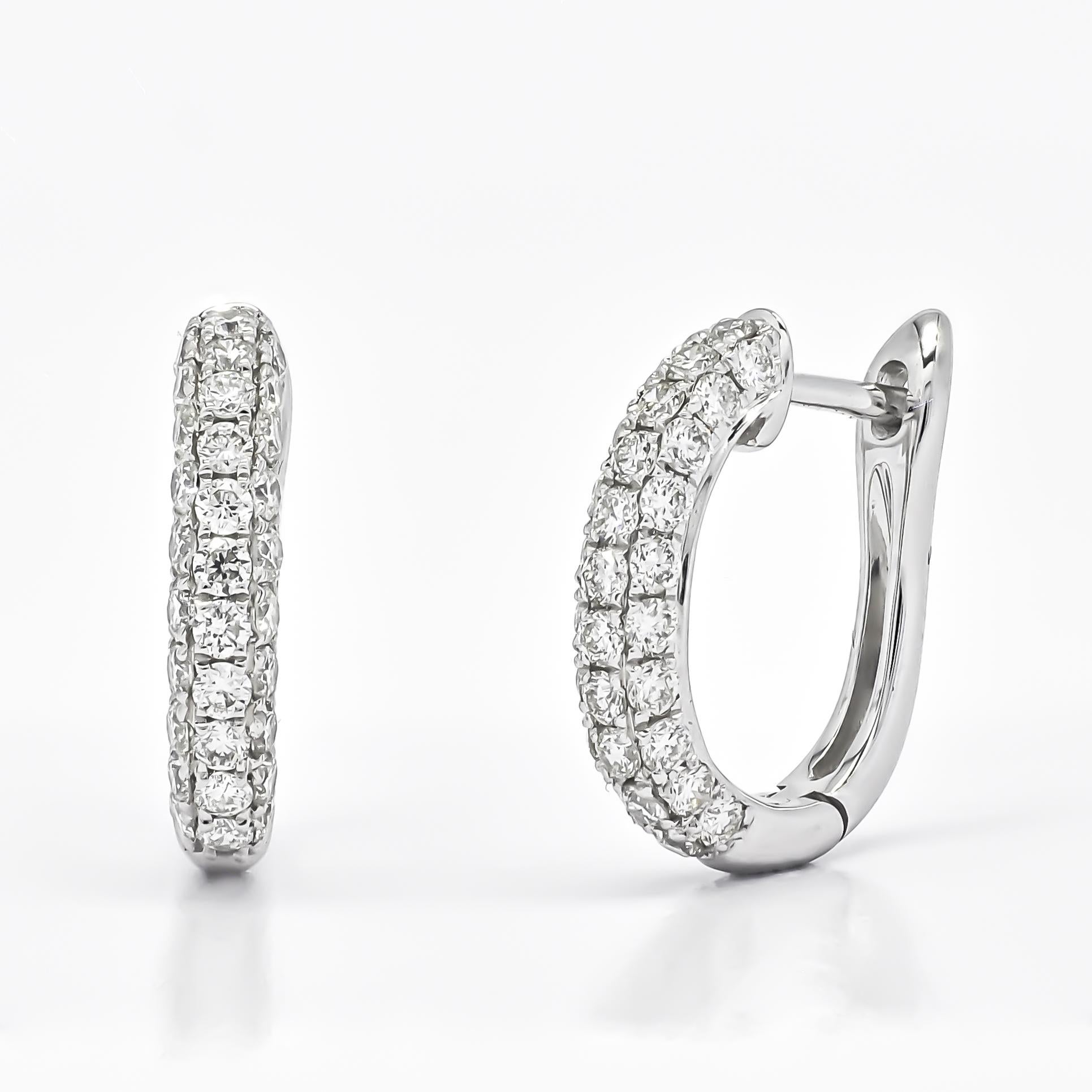 Artisan 18kt White Gold Natural Diamonds Multi 3 Row Petite Half Hoop Huggie Earrings For Sale