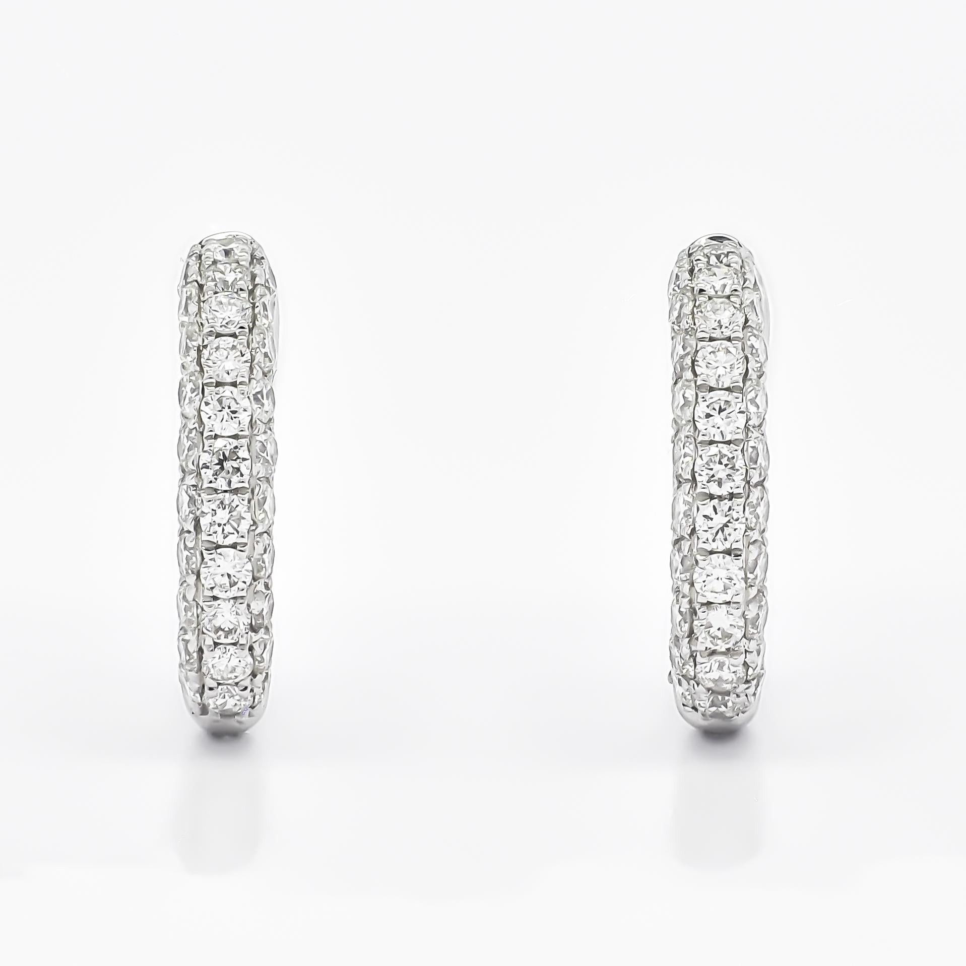 Brilliant Cut 18kt White Gold Natural Diamonds Multi 3 Row Petite Half Hoop Huggie Earrings For Sale