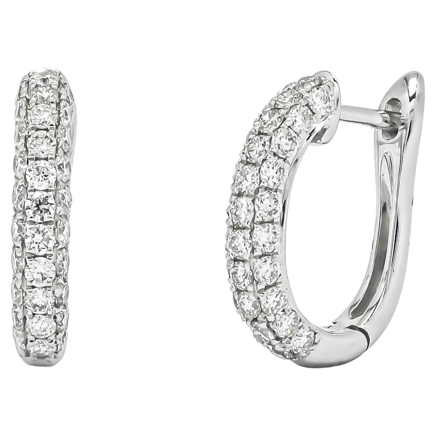 18kt White Gold Natural Diamonds Multi 3 Row Petite Half Hoop Huggie Earrings For Sale