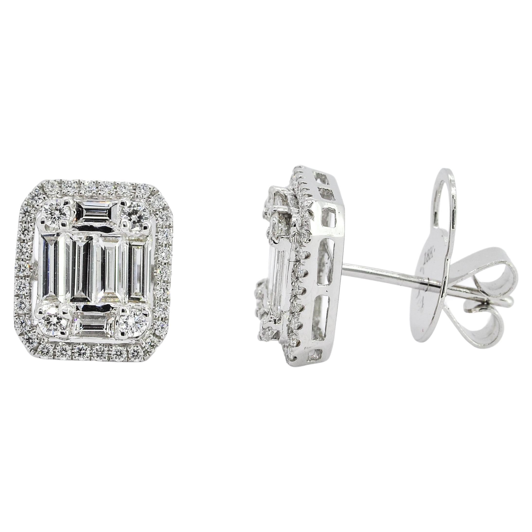 Natural Diamond 1.74 carats 18KT White Gold Emerald Shape Halo Stud Earrings