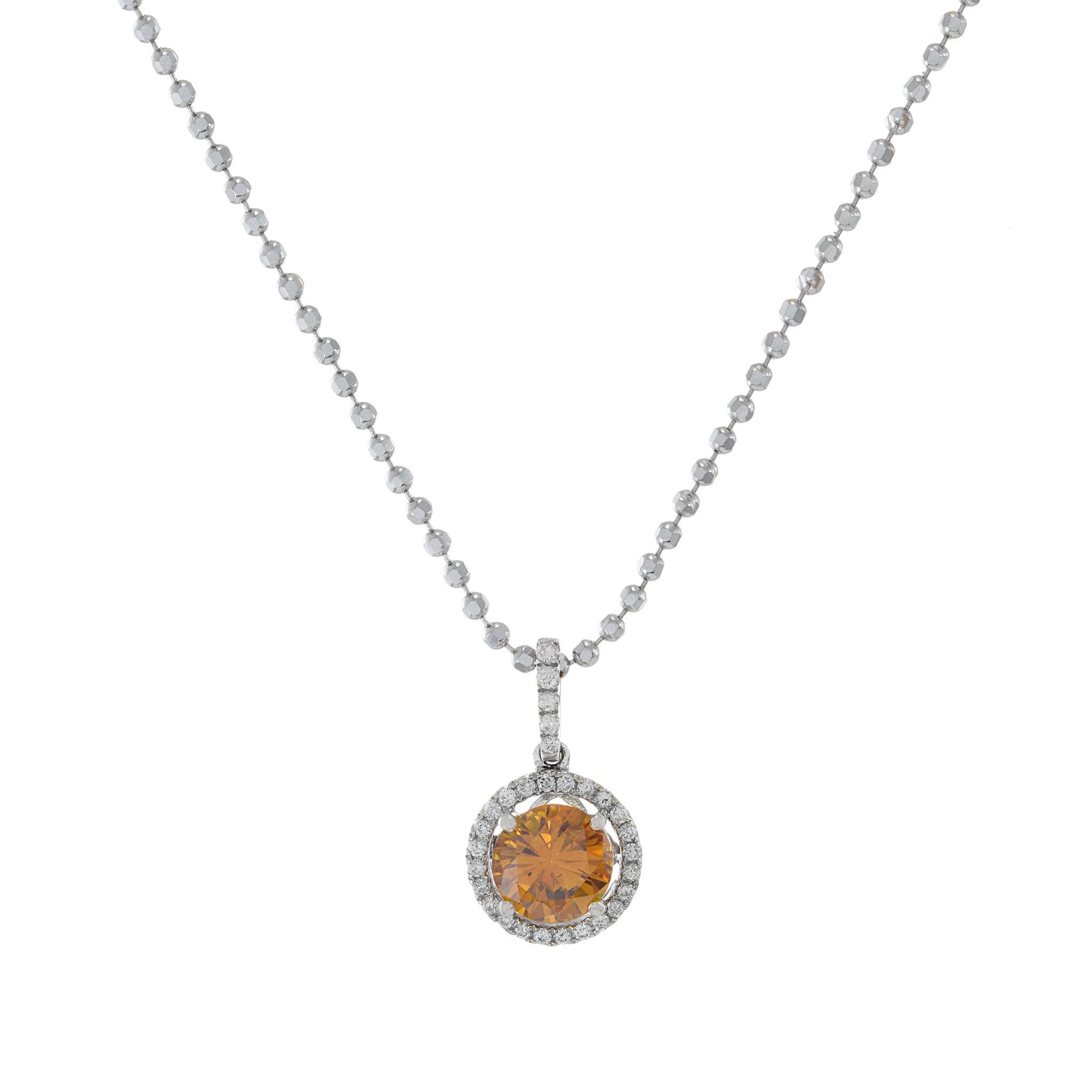 Round Cut 18KT White Gold Natural Orange Diamond Halo Pendant For Sale