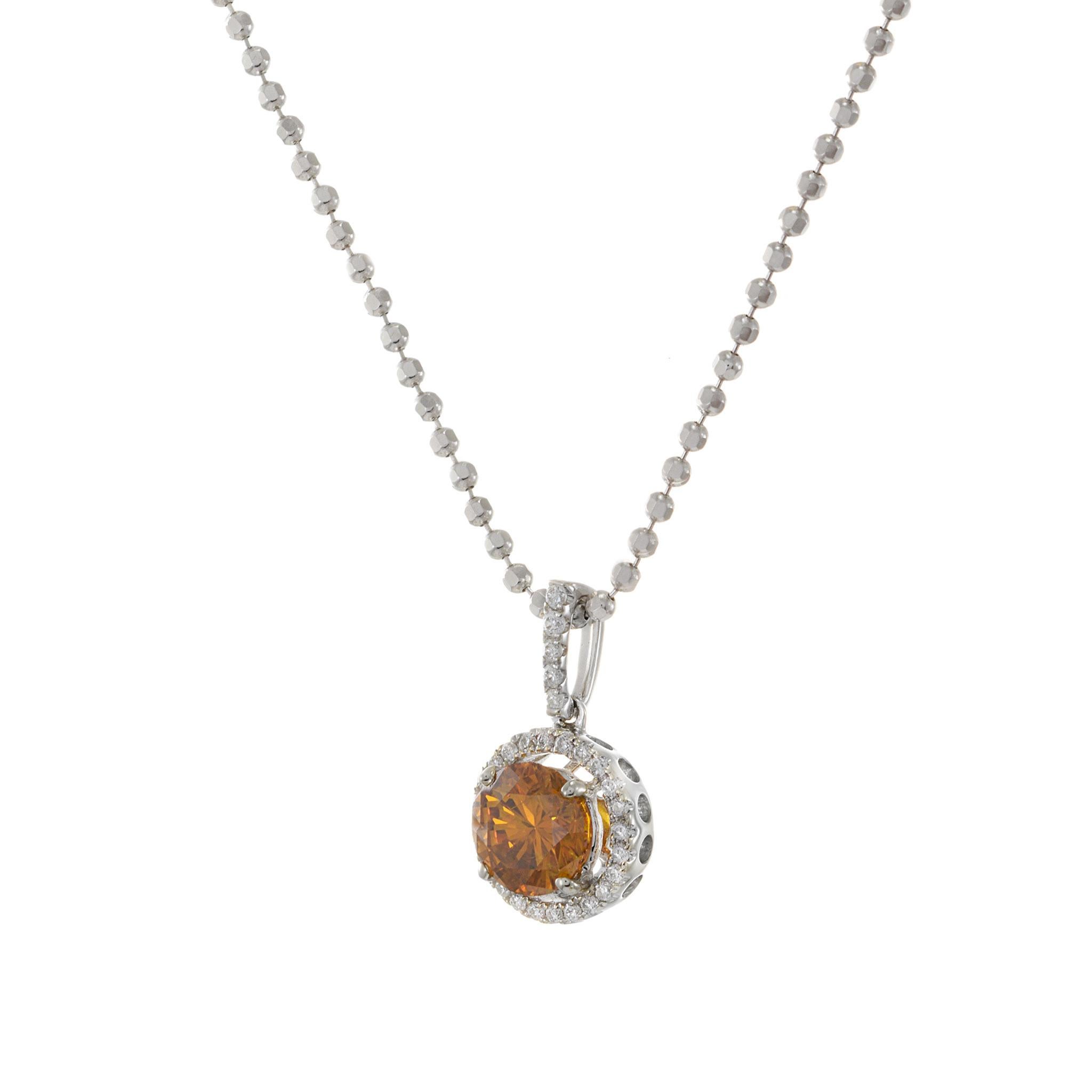 Women's or Men's 18KT White Gold Natural Orange Diamond Halo Pendant For Sale