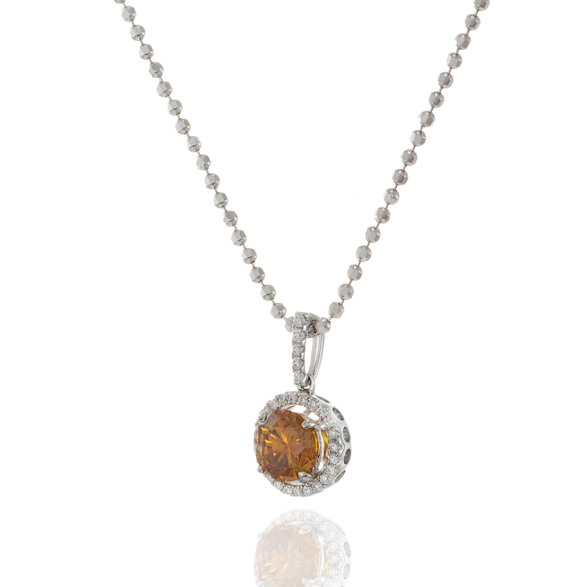 18KT White Gold Natural Orange Diamond Halo Pendant For Sale 1