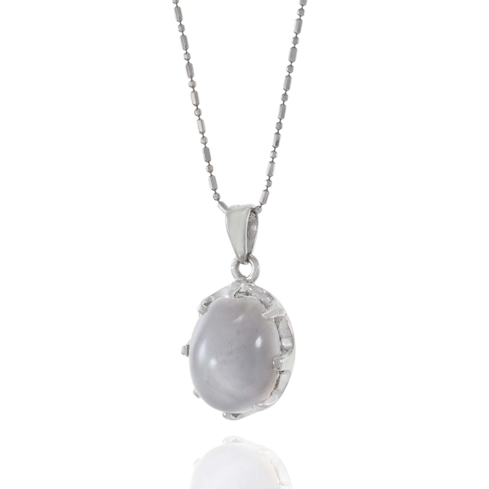 Oval Cut 18KT White Gold Natural Star Grey Sapphire Necklace For Sale
