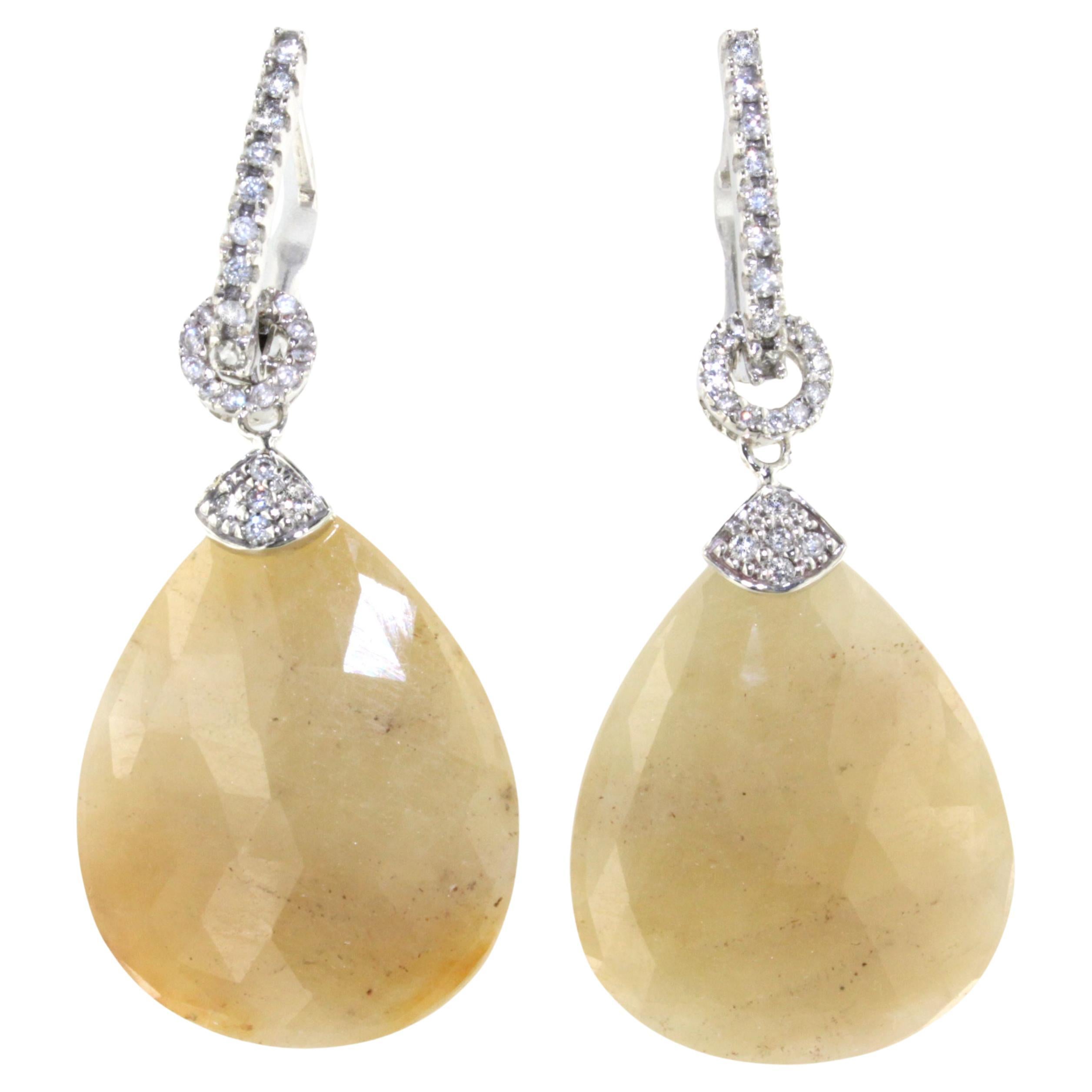 18Kt  Pendientes Moda Oro Blanco Piedras Naturales Zafiro Amarillo Diamantes Blancos