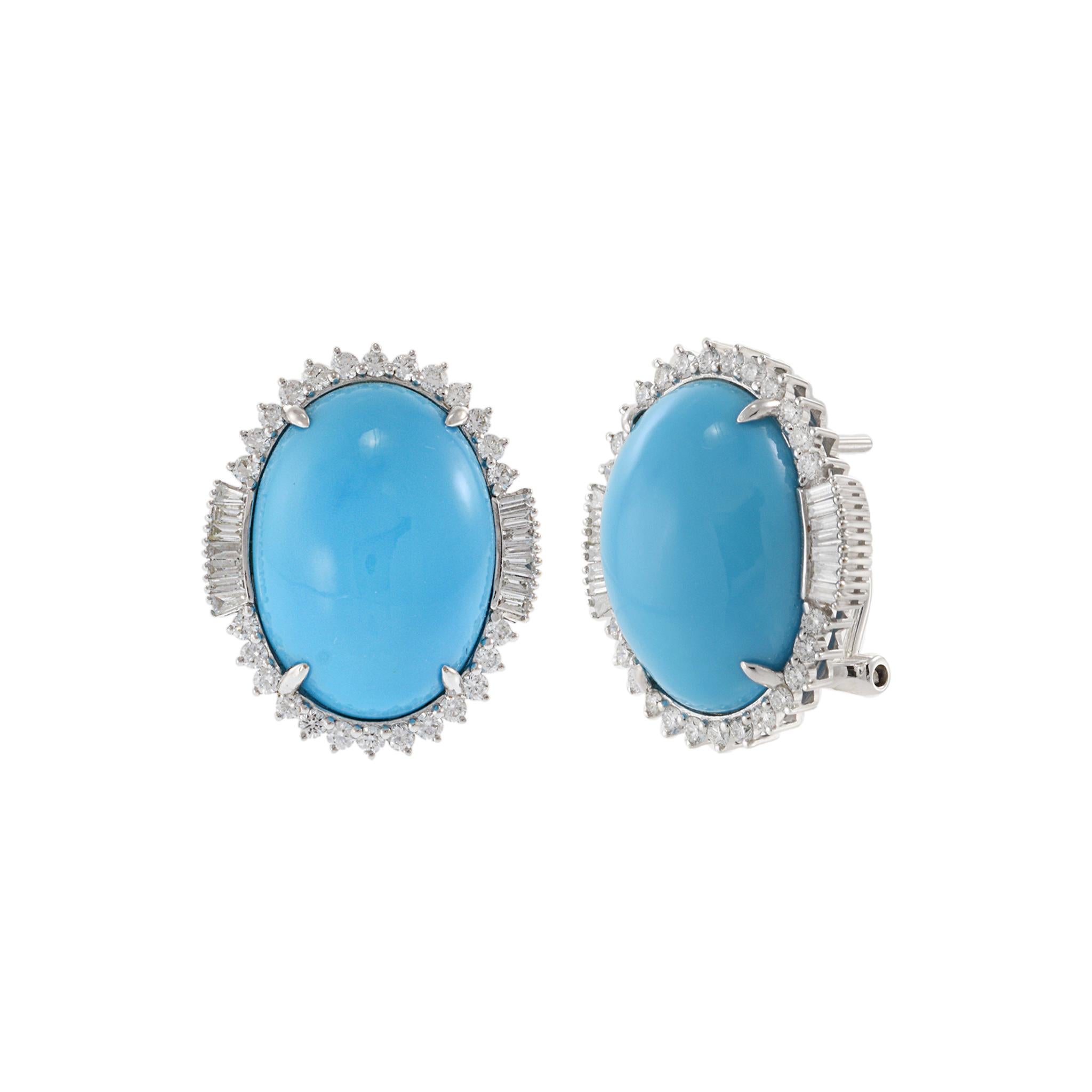 Oval Cut 18KT White Gold Natural Turquoise and Diamond Earrings