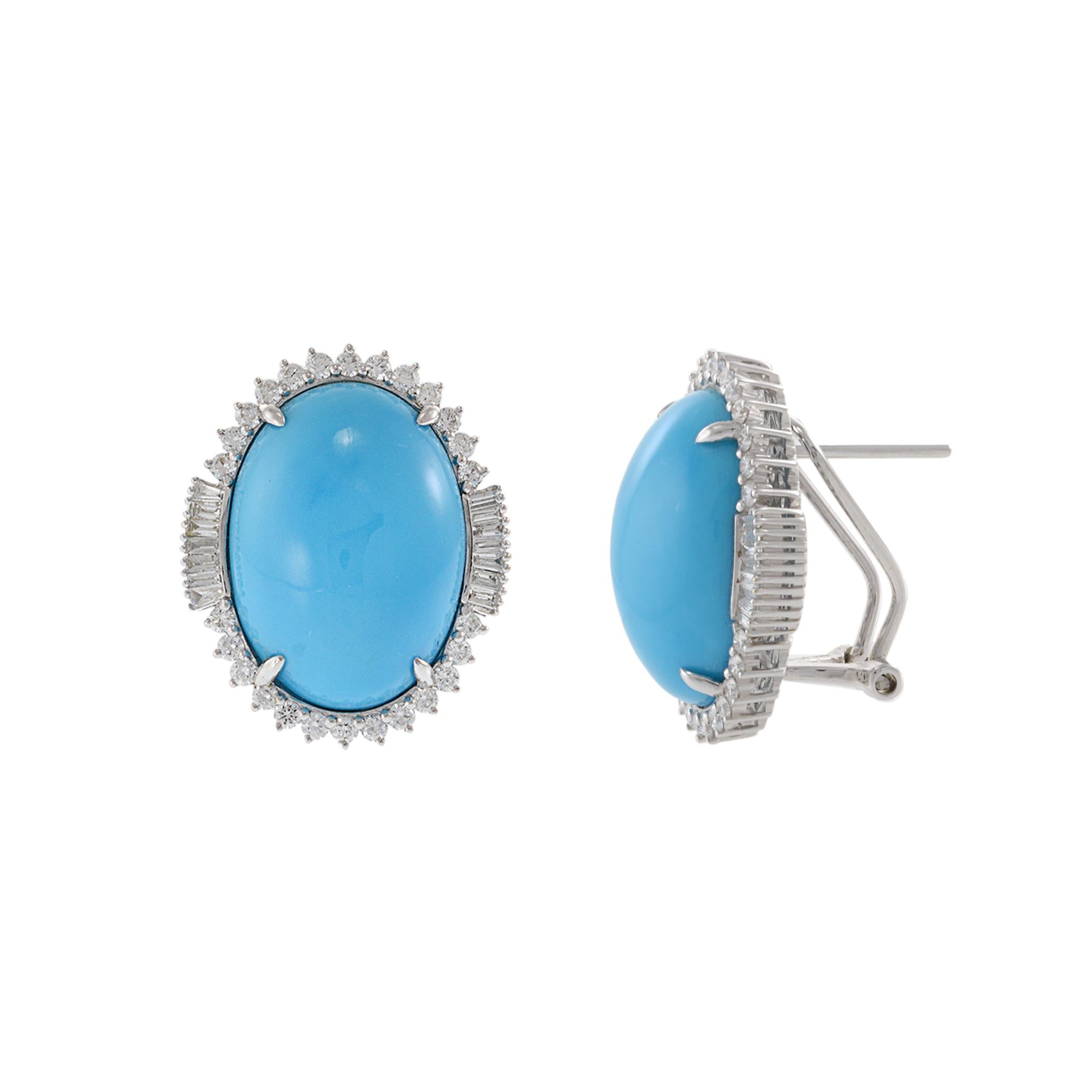 18KT White Gold Natural Turquoise and Diamond Earrings In New Condition In New York, NY