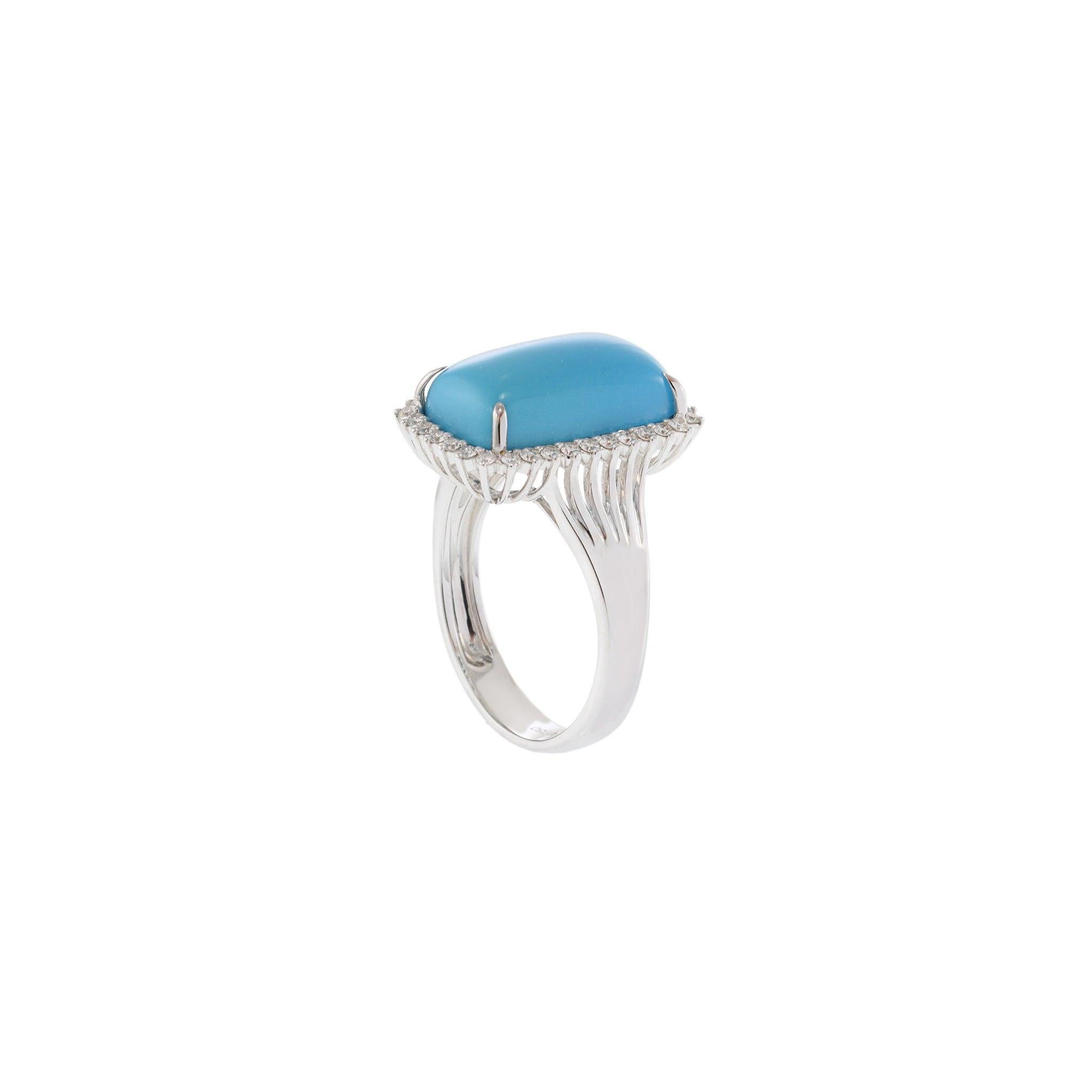 Cabochon 18KT White Gold Natural Turquoise & Diamond Halo Ring For Sale